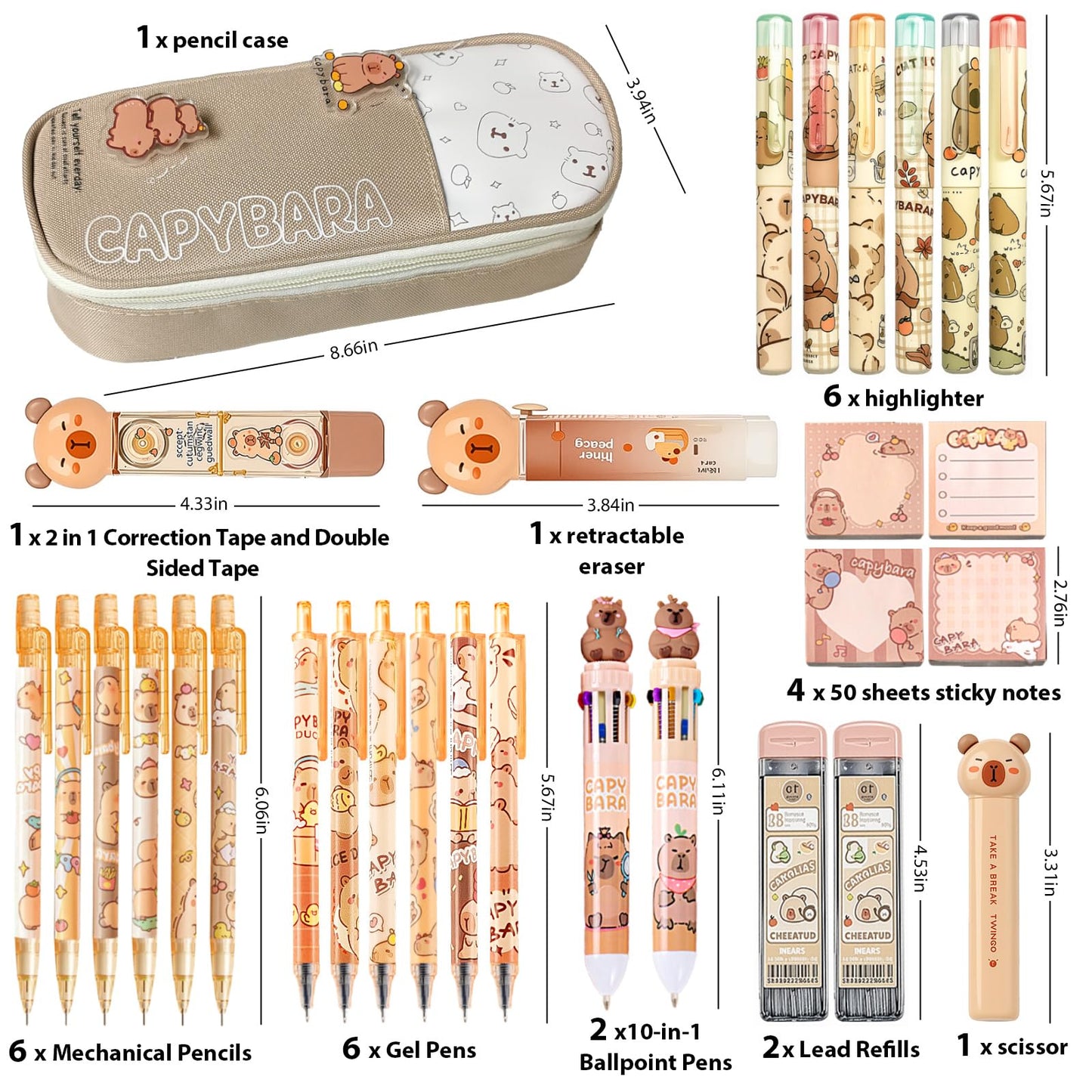 Capybara Stationery Set,Cute Capybara School Supplies,Kawaii Stationery Birthday Gifts,Includes Ballpoint Pens,Eraser, Mechanical Pencils,Correction Tape,Gel Pens,Scissors,for Office School Supplies