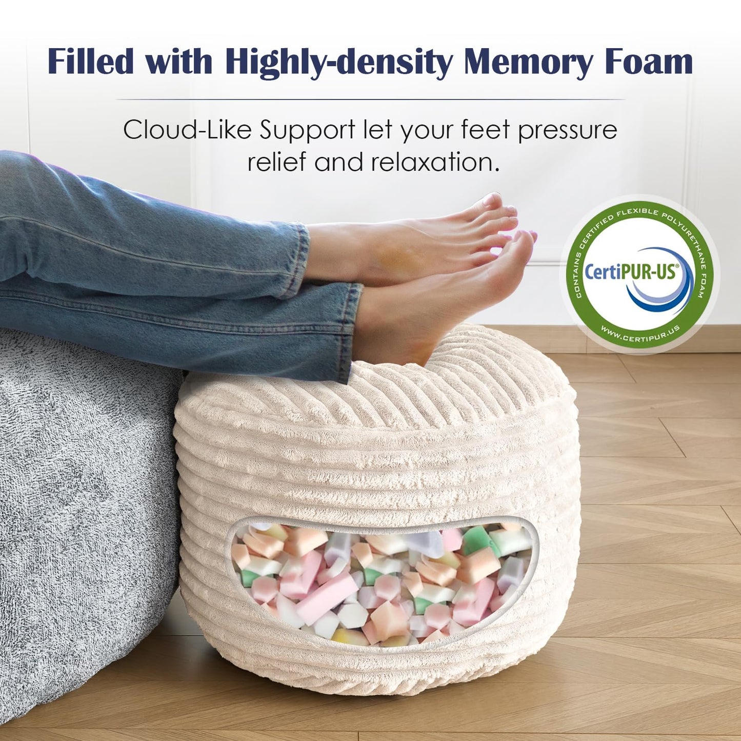 SHOUREN Stuffed Round Pouf Ottoman,Corduroy Foot Rest with Shredded Foam Filling, Lightweight and Fluffy Pouf Storage Ottoman for Living Room,Floor Poufs for Couch,20"x15", Beige