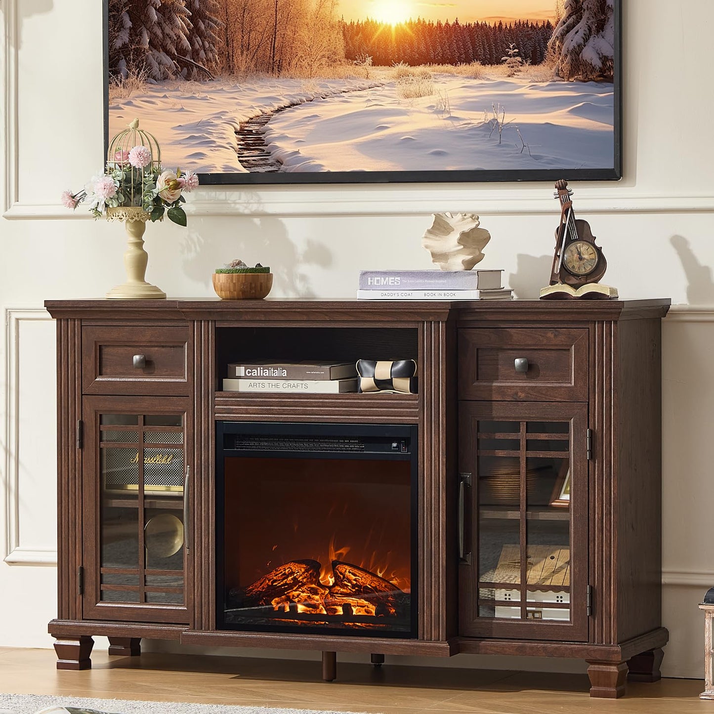 SAVOR LIFE 52" Fireplace TV Stand with 18”Silent Electric Fireplace, Farmhouse Entertainment Center for TVs up to 65", 2 Drawers TV Console with Glass Door Cabinet, Walnut TVs Cabinet for Living Room
