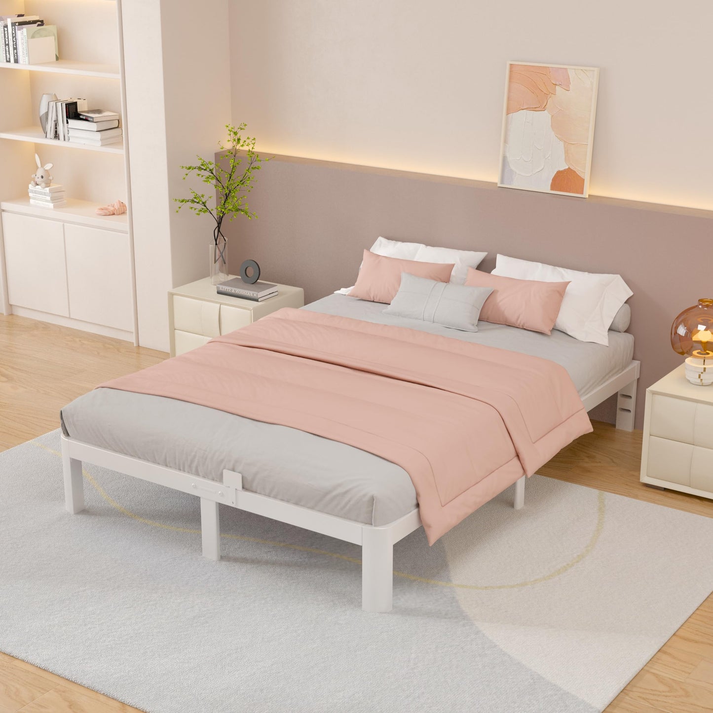 HQU 10 Inch Queen Bed Frame with Metal Baffles, White Bed Frame Queen Size No Box Spring Needed, Heavy Duty Steel Platform Support, Reserved Holes, Storage Space, Round Corner Design, Noise Free