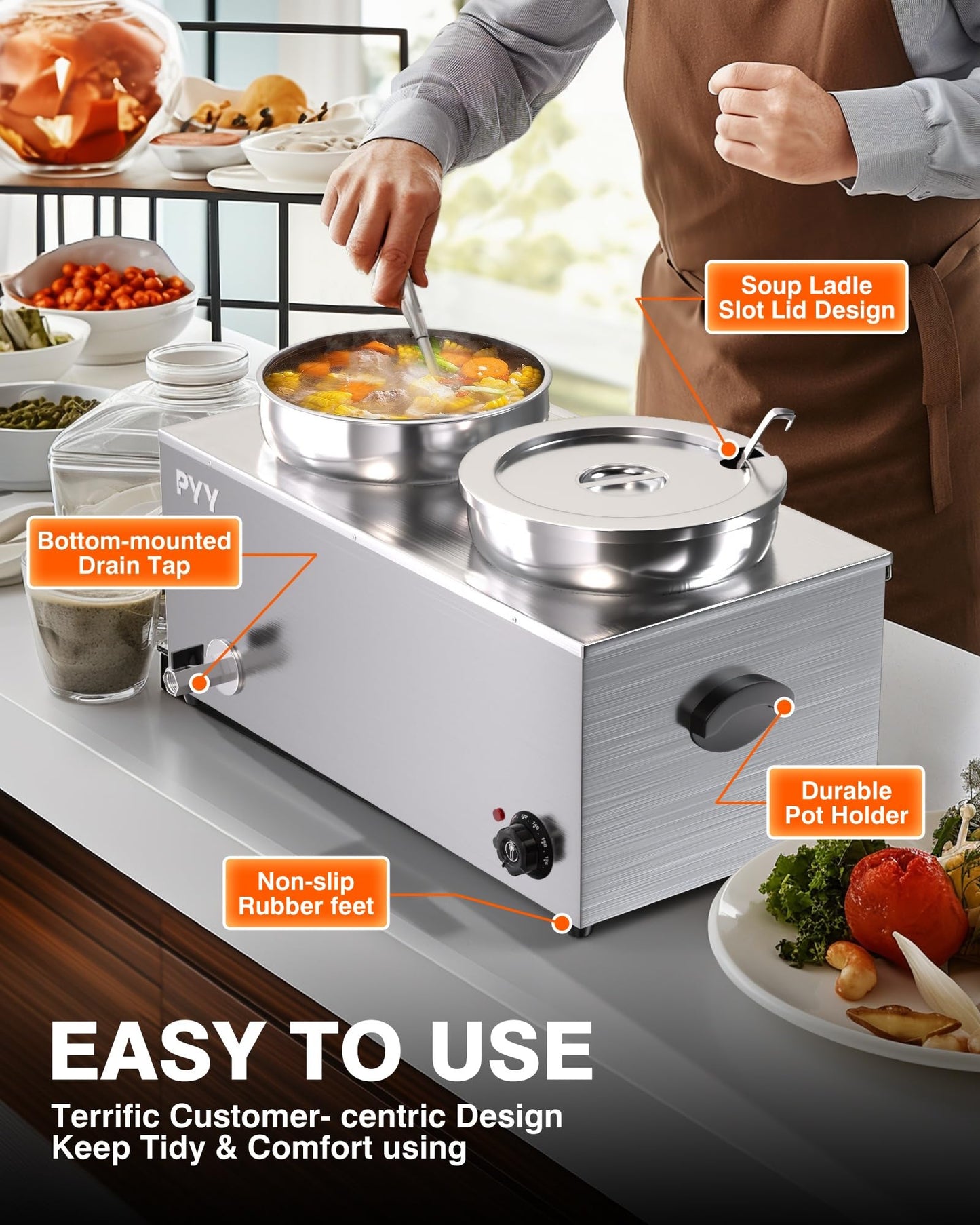 PYY Soup Warmer Commercial - Two 7.4QT Stainless Steel Bain Marie Round Pot 86~185°F Adjustable Temp, 1500W Electric Soup Warmer Countertop with Anti-Dry Burn and Reset Button for Restaurant, Buffet