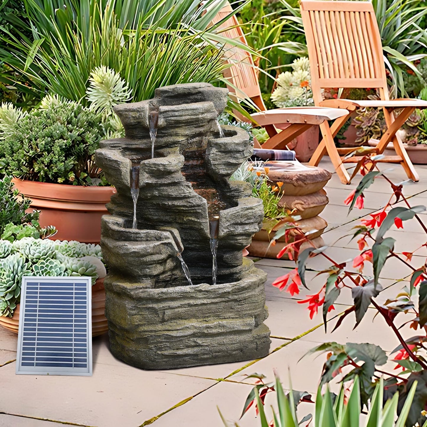 6-Tier Solar Water Fountain Outdoor, 24.4" H Cascading Rock Feature Garden Fountains and Waterfalls with Light, Pump, Solar Panel for The Patio, Deck, Porch, Backyard Home Décor, Stone Gray