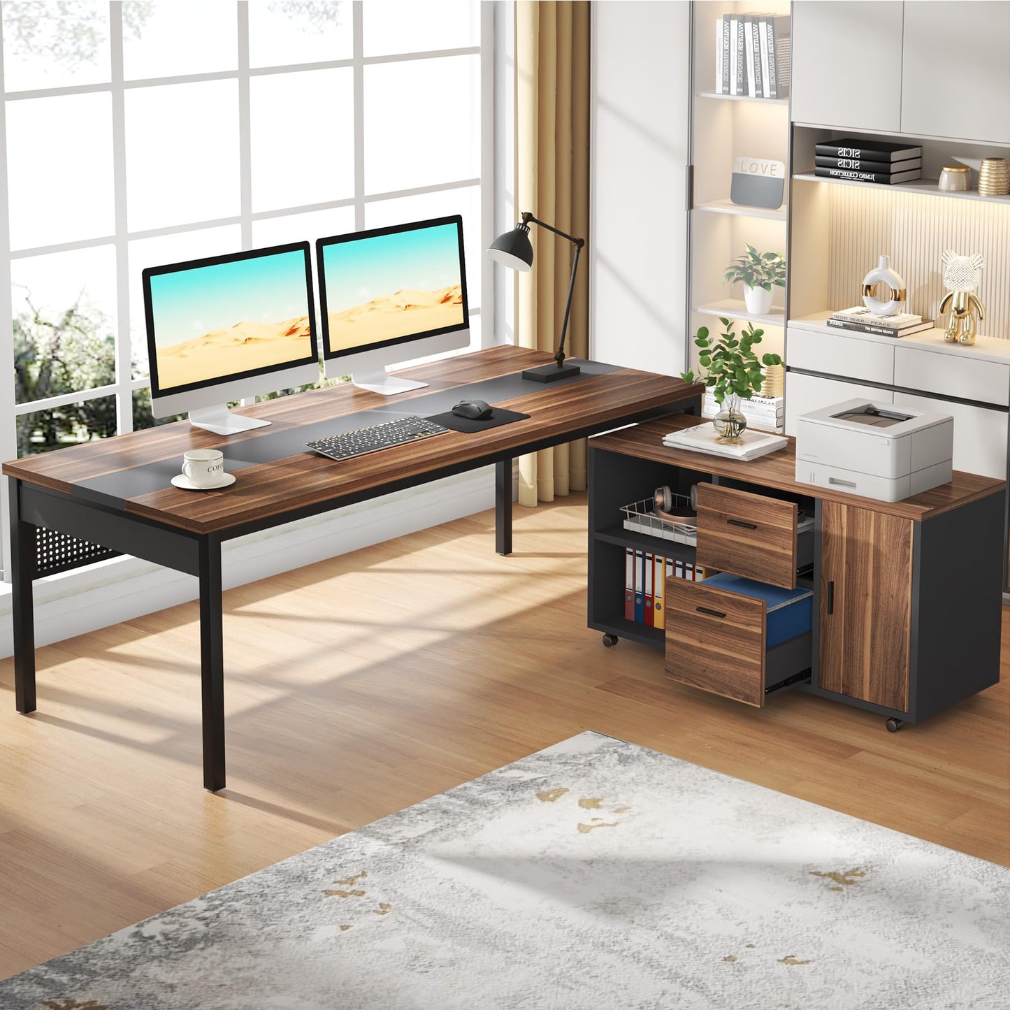 Tribesigns 71 inch Executive Desk, L Shaped Desk with Mobile File Cabinet, Executive Office Table with 2 Drawers and Storage Shelves, Business Furniture Workstation for Home Office, Walnut and Black