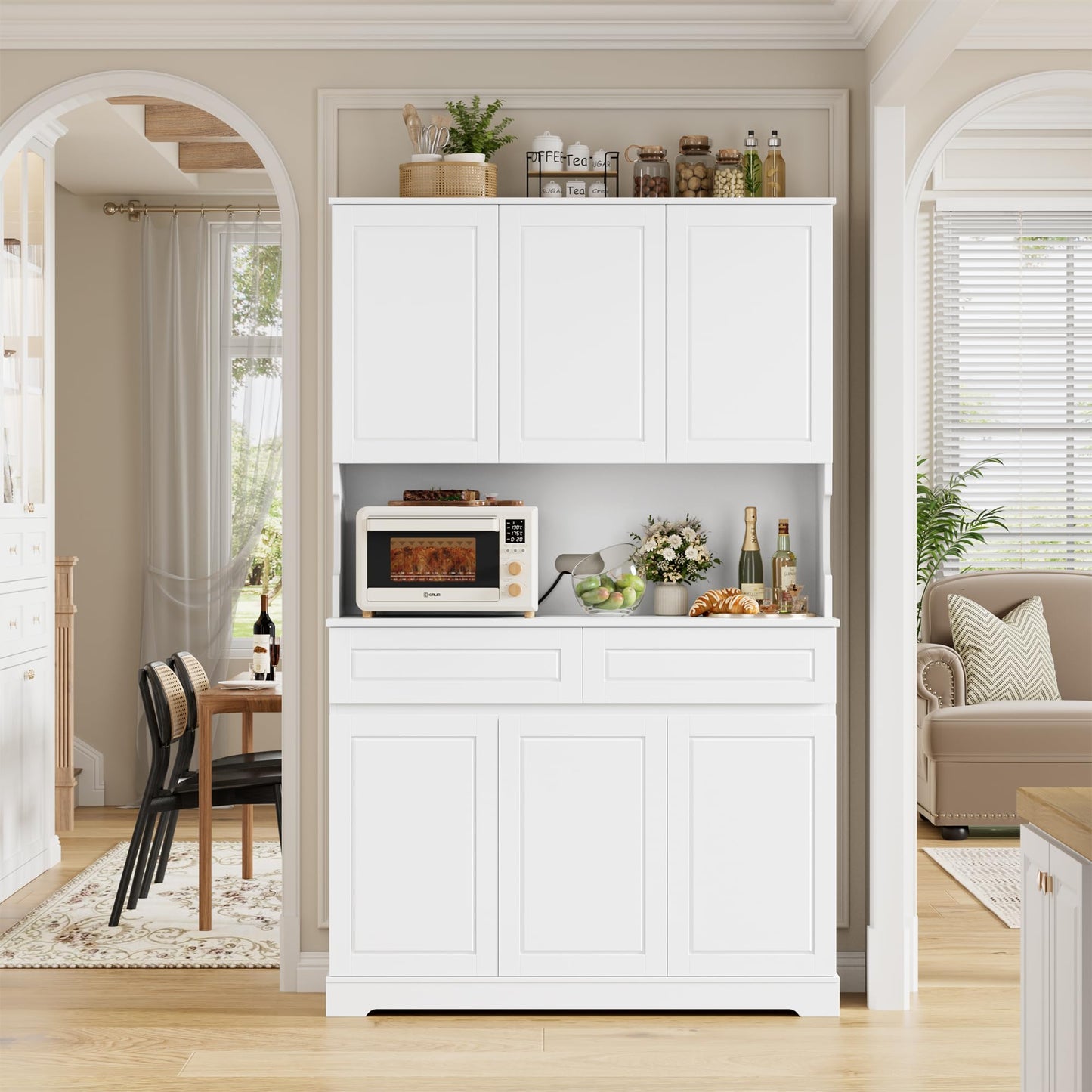 FACBOTALL 74" Pantry Cabinet, Tall Kitchen Pantry Cabinet with 6 Doors and 2 Drawers, Kitchen Hutch with Wide Countertop, Modern Kitchens Cupboard with Adjustable Shelves and Charge Holes, White