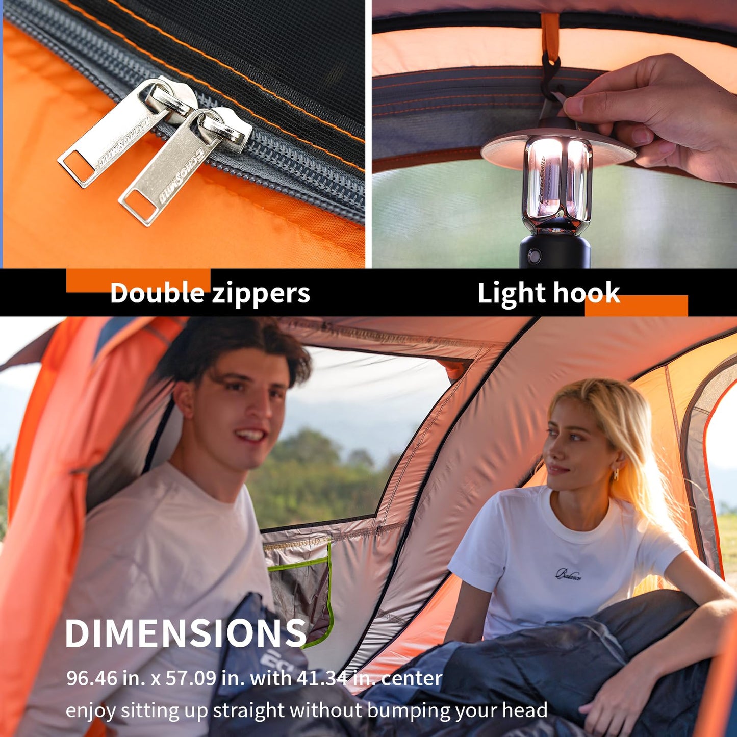 EchoSmile Instant Pop Up Camping Tent, 2 Person Easy Setup Tent, Water Resistant Dome, Portable with Carry Bag(Black & Orange,2 Person)