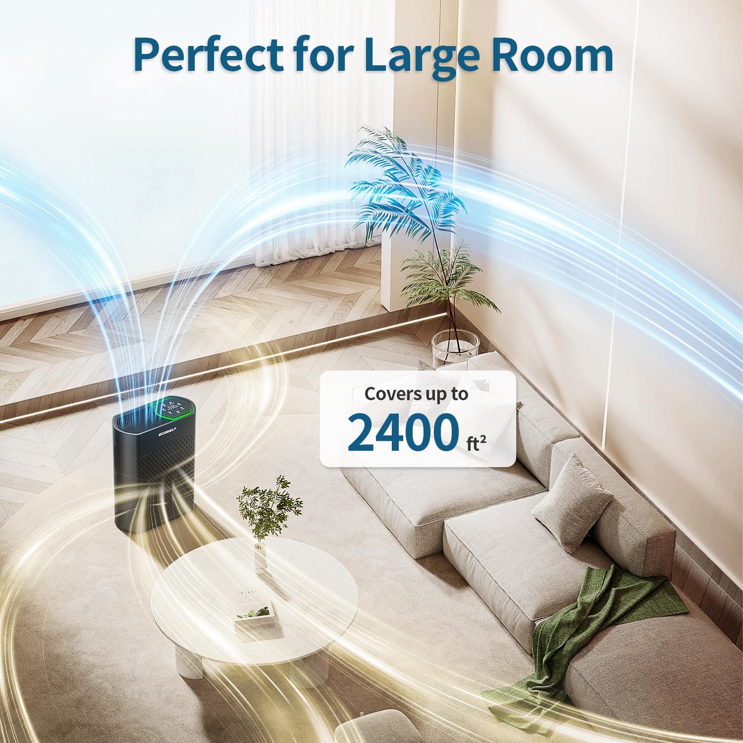 Powerful Air Purifiers for Home Large Room Up to 2400 Ft², ECOSELF HEPA Air Purifier with PM 2.5 Air Quality Display 20dB Sleep Mode, Air Purifiers for Bedroom Office Living Room Black