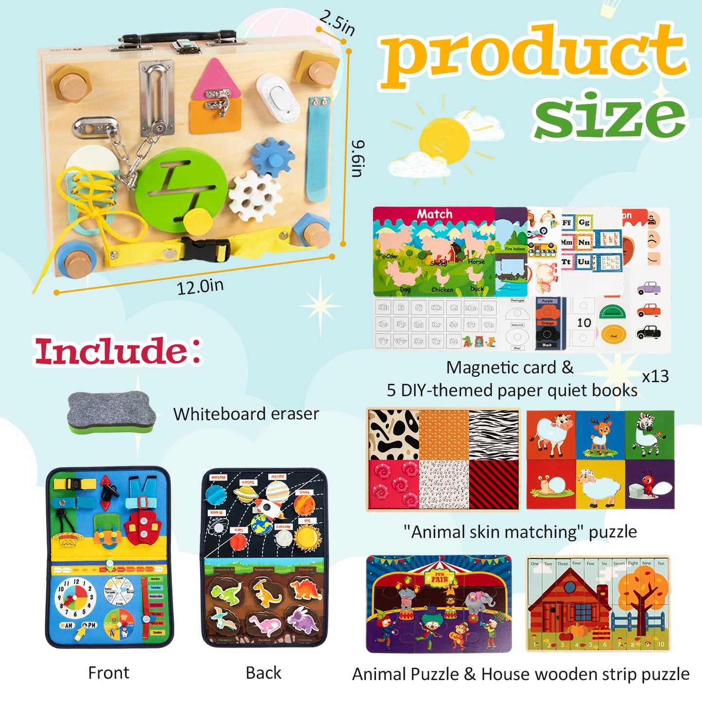 Adena Montessori Busy Board Box for Toddlers 2-4, 6 in 1 Montessori Toys for 1 Year Old with Drawing Board, Quiet Book, Puzzles, Sensory Toys for Fine Motor Skills, Learning Toys for Travel