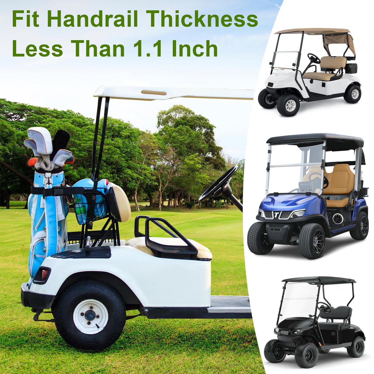Universal Golf Cart Rear Seat Bag Holder Upgraded Foldable No-Drill Golf Cart Bag Holder for EZGO Club Car Yamaha Fit for 8" and 24.5" Wide Rear Armrests Foldable Golf Cart Bag Holders Bracket