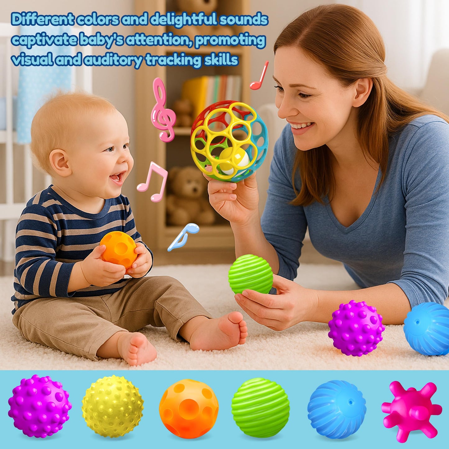 ROHSCE Baby Blocks 6-12 Months & Sensory Balls Bundle, 34 PCS Soft Stacking Blocks and 7 PCS Textured Rattle Teething Toys, Kids Building Toys for Toddlers 1-3, Montessori Gift for Boys & Girls
