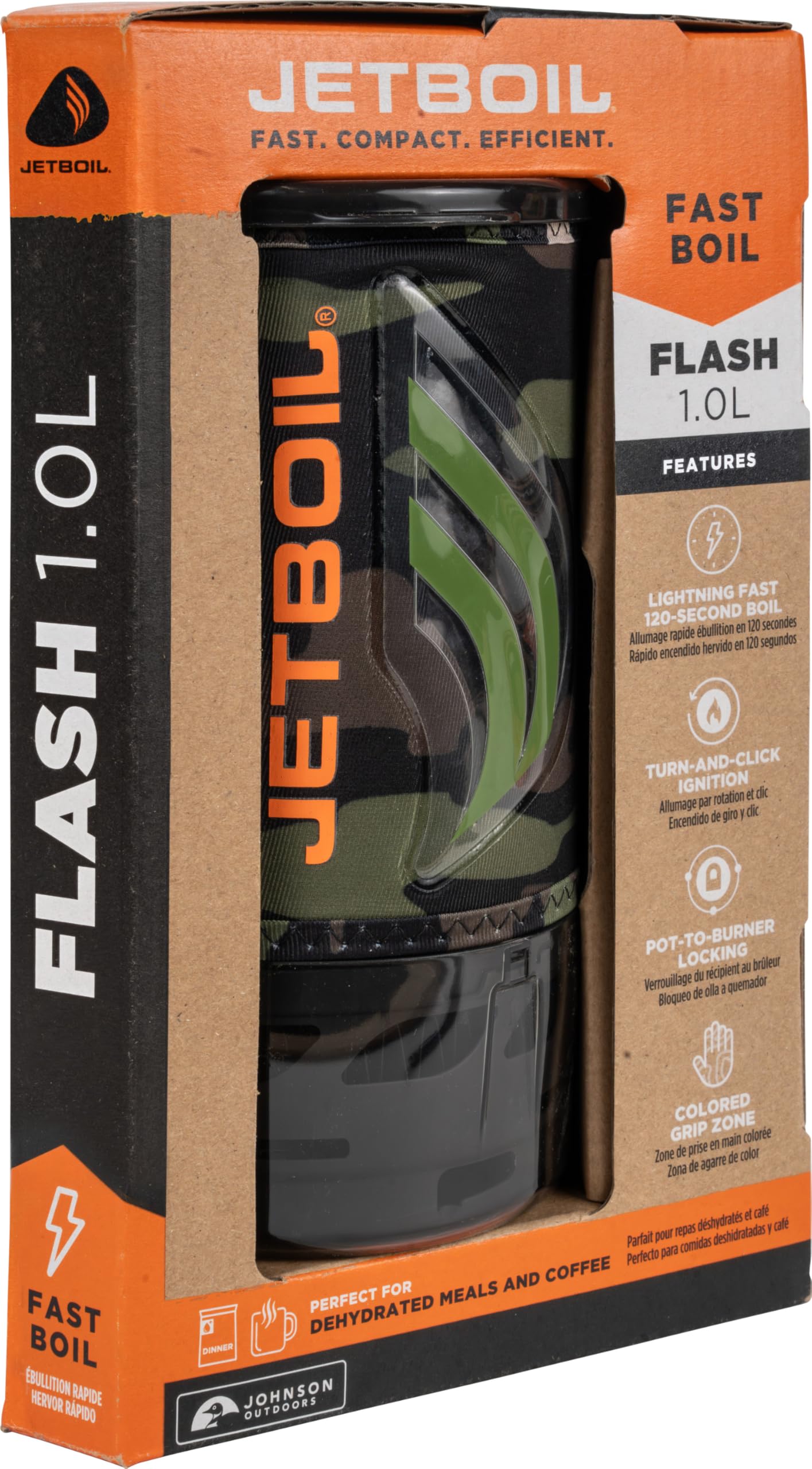 Jetboil Flash 1.0L Portable Fast Boil Stove for Camping and Backpacking with 1-Step Auto Ignition, Propane/Isobutane Burner with Cooking Cup, Dark Camo