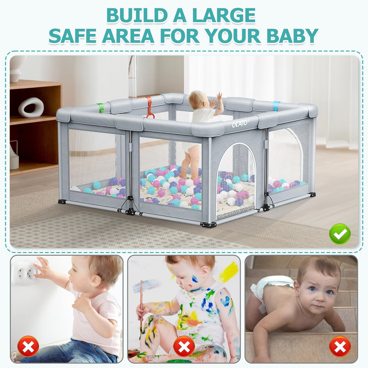 OCATO Baby Playpen with Mat: Foldable Playpen for Babies and Toddlers Play Pen Portable Playpens Fence Indoor Outdoor Kids Safety Area Play Yard with 50x50 Playpens Mat 4 Handlers 50 Balls (50" × 50")