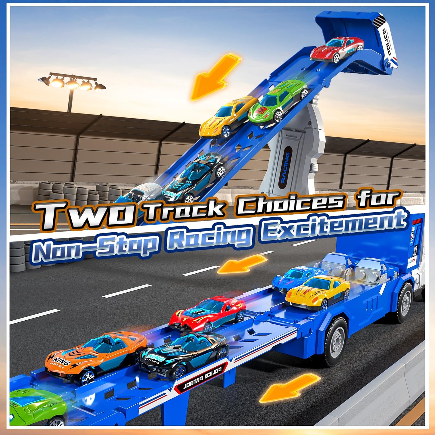 Transport Truck Toys for 3 4 5 6 7 Years Old Boys,Toys Cars Track Set Transporter Trucks with 12 Die-Cast Car Toys 2 Race catapults Dual-Track Model,Toddler Car Toy Set for Kids Boys Girls
