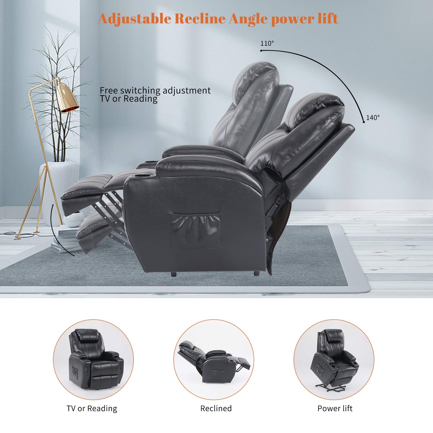 S*MAX Lift Chairs Recliners for Elderly Power Recliner Chairs Full Air Leather Electric Recliner Chairs Side Pockets USB Charge Port and Remote Control Power Lift Recliners Black