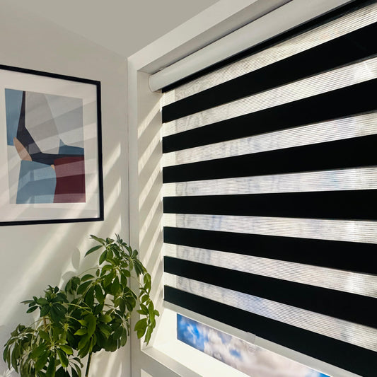 ShadesU Cordless Zebra Blinds – Light Filtering Dual-Layer Window Shades for Privacy (Black Color) (Maximum Height 72") (Width 26.5")