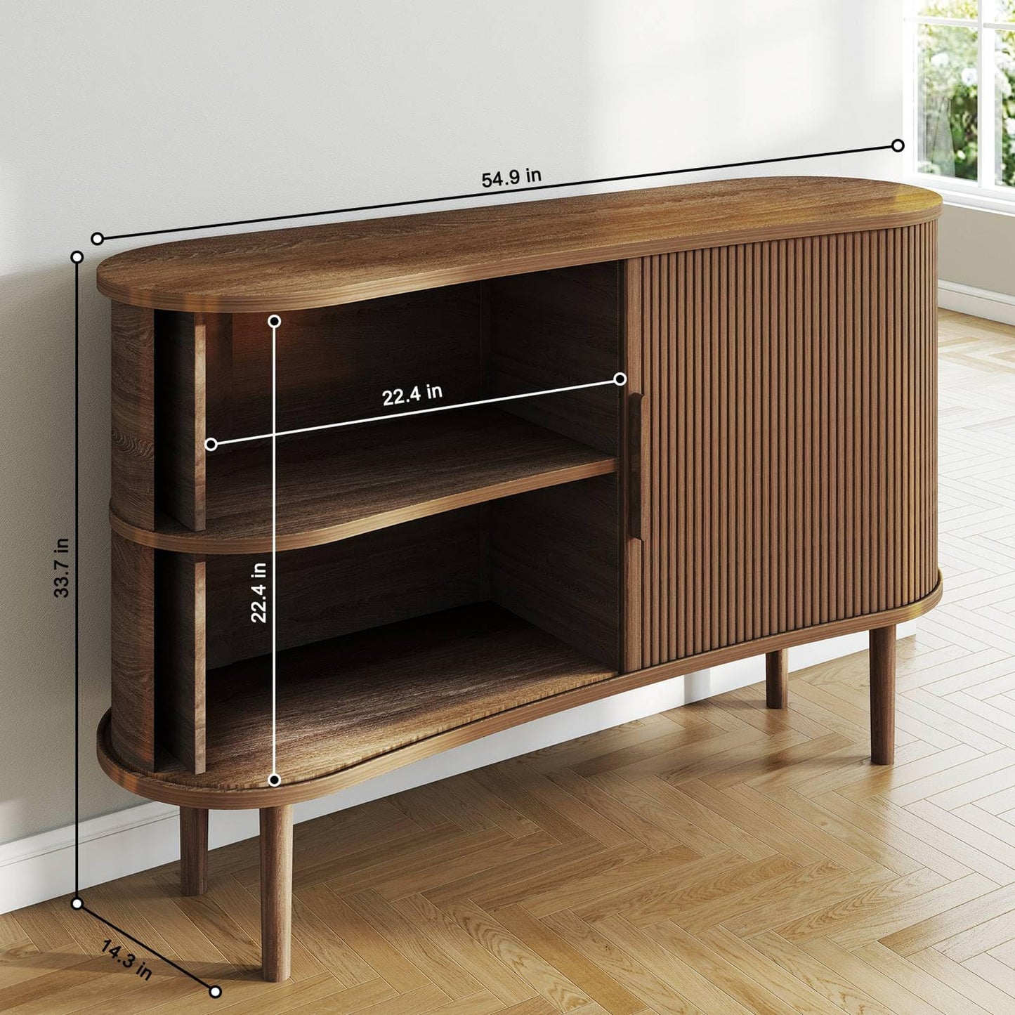 AraSyleon Mid-Century Modern Sideboard Buffet Cabinet, 55" Storage Cabinet with 4 cabinets, Decorative Fluted Sliding Doors for Bedroom Dining Room Small Space, Walnut Finish, Walnut