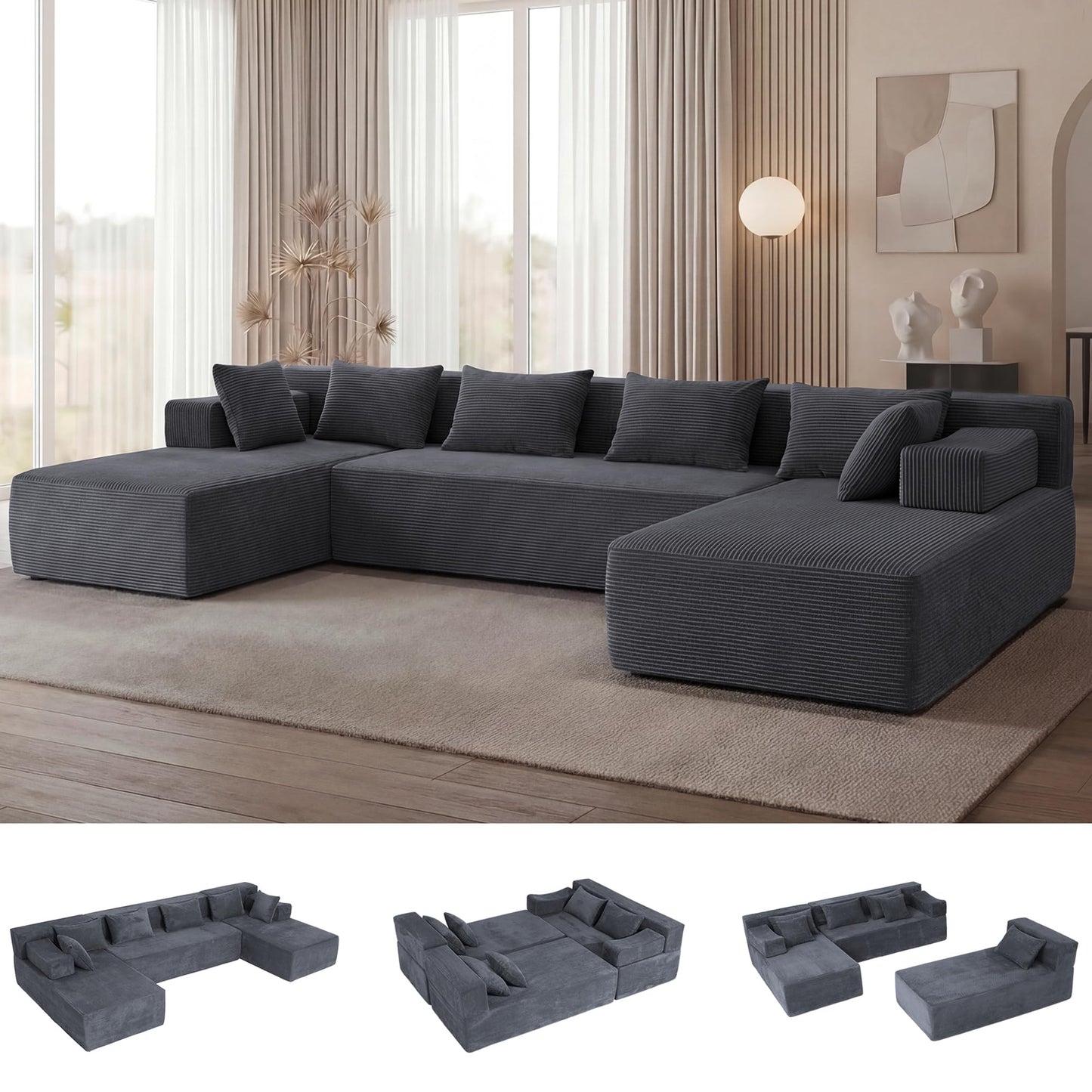 MONVANE 141'' Modular Sectional Sofa, PRO Version U-Shape Boneless Couch, Oversized Deep Seating Cloud Couch, No Assembly, High-Resilience Foam, Soft Corduroy Fabric, for Living Room Apartments Grey