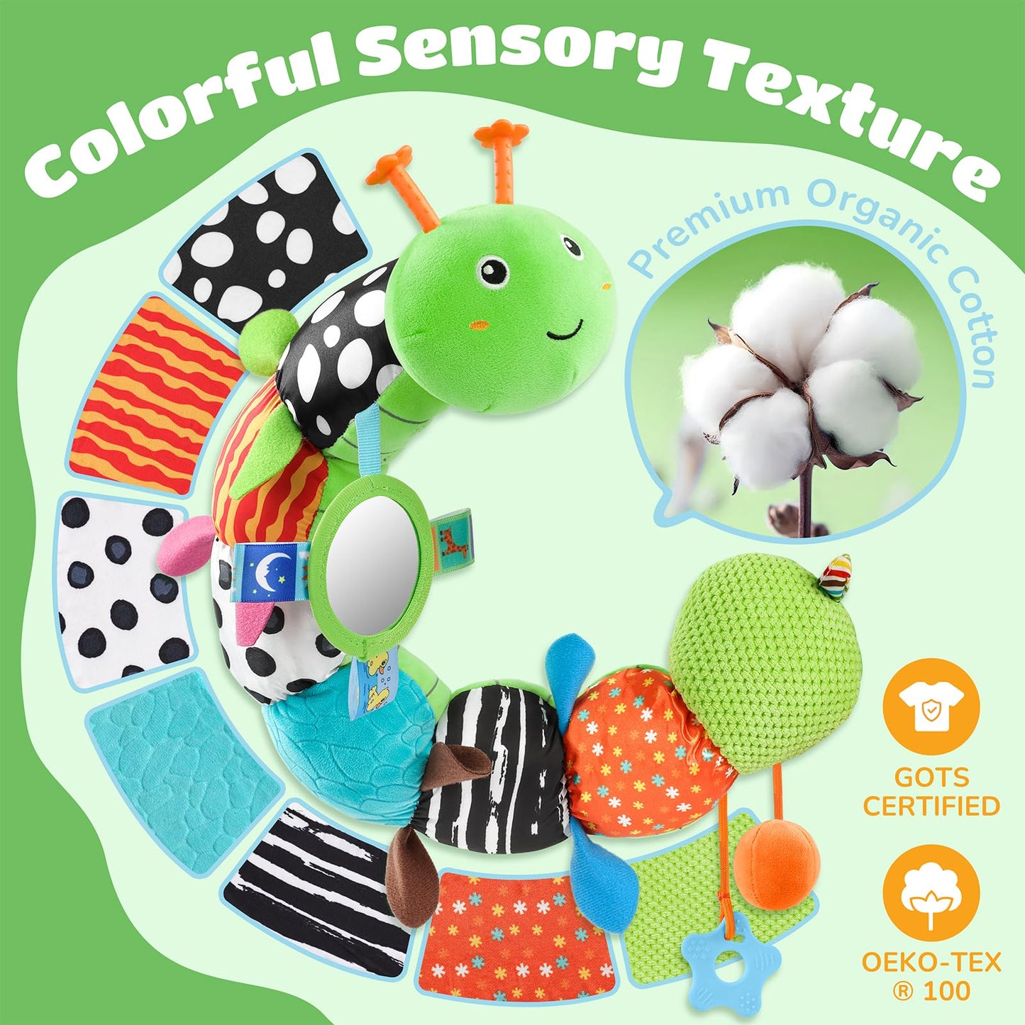 AWOTOY Baby Toys 6-12 Months Music Caterpillar Infant Toys Stuffed Animals 0-3-6 Months Tummy Time Teething Sensory Toys with Mirror Rattle&Pull String for Boys Girls Birthday Gifts|Grass Green,Leafy