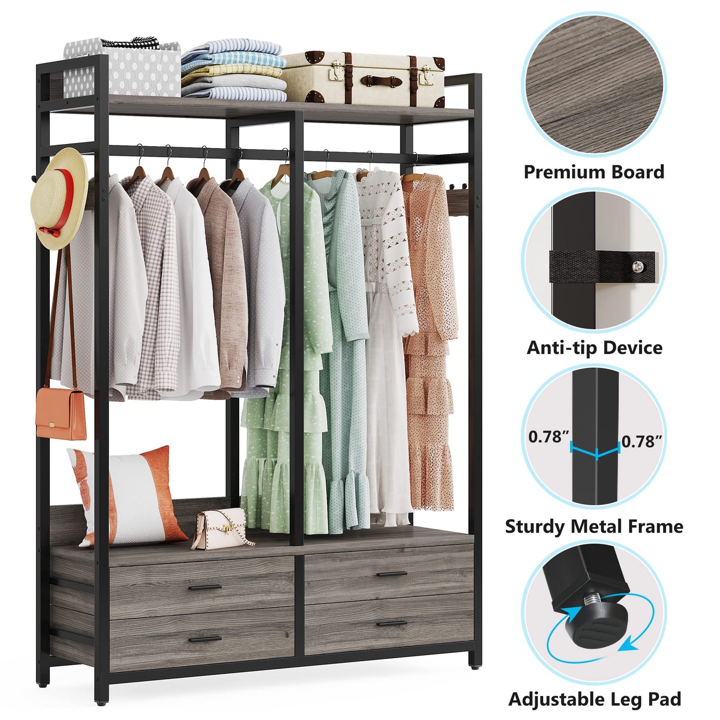 LITTLE TREE Clothes Rack, Heavy Duty Garment Rack with 4 Drawers, 8 Hooks and Storage Shelves, Wardrobe Closet Storage Rack for Bedroom, Living Room, Grey