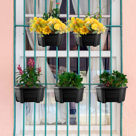 EBOOT 6 Pcs 9.8 Inch Wall Hanging Planters Pots for Indoor Plants Fence Plastic Flower Planters Outdoor with S Hooks for Balcony Rails (Dark Coffee)