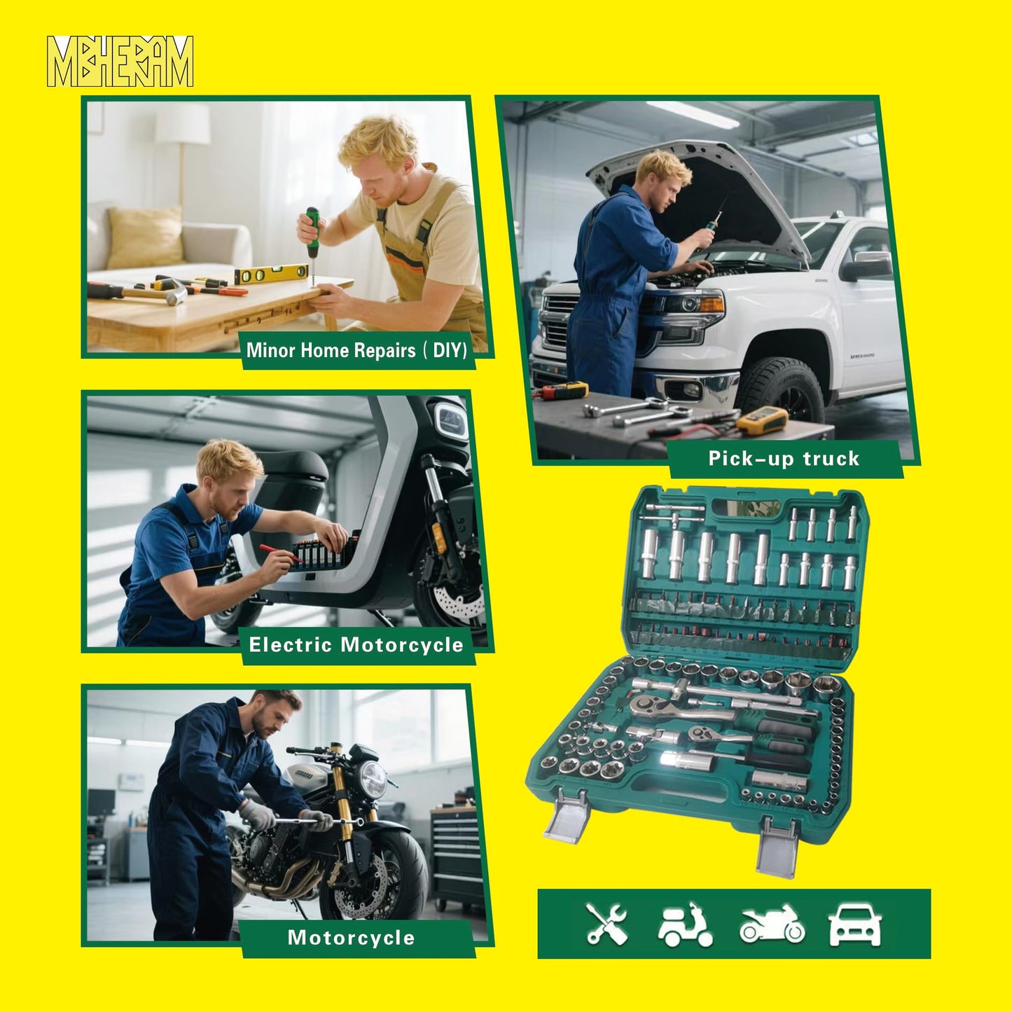 MBHERAM 108-Piece Mechanics Tool Set, CR-V Socket & Driver Set with Case - All-Purpose for Auto Repair & Home DIY
