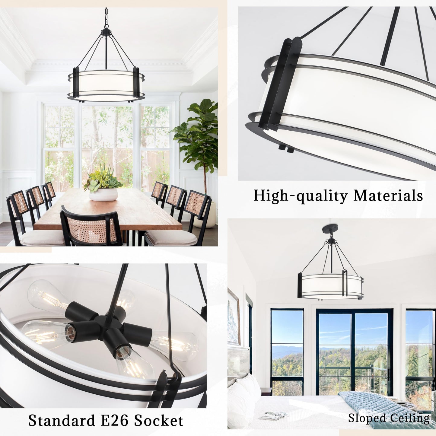 NZZDYI 20.4''Drum Chandelier,5-Light Fabric Modern Chandeliers,Black Farmhouse Round Pendant Light Fixture for Dining Room Kitchen Island Living Room Bedroom Hallway