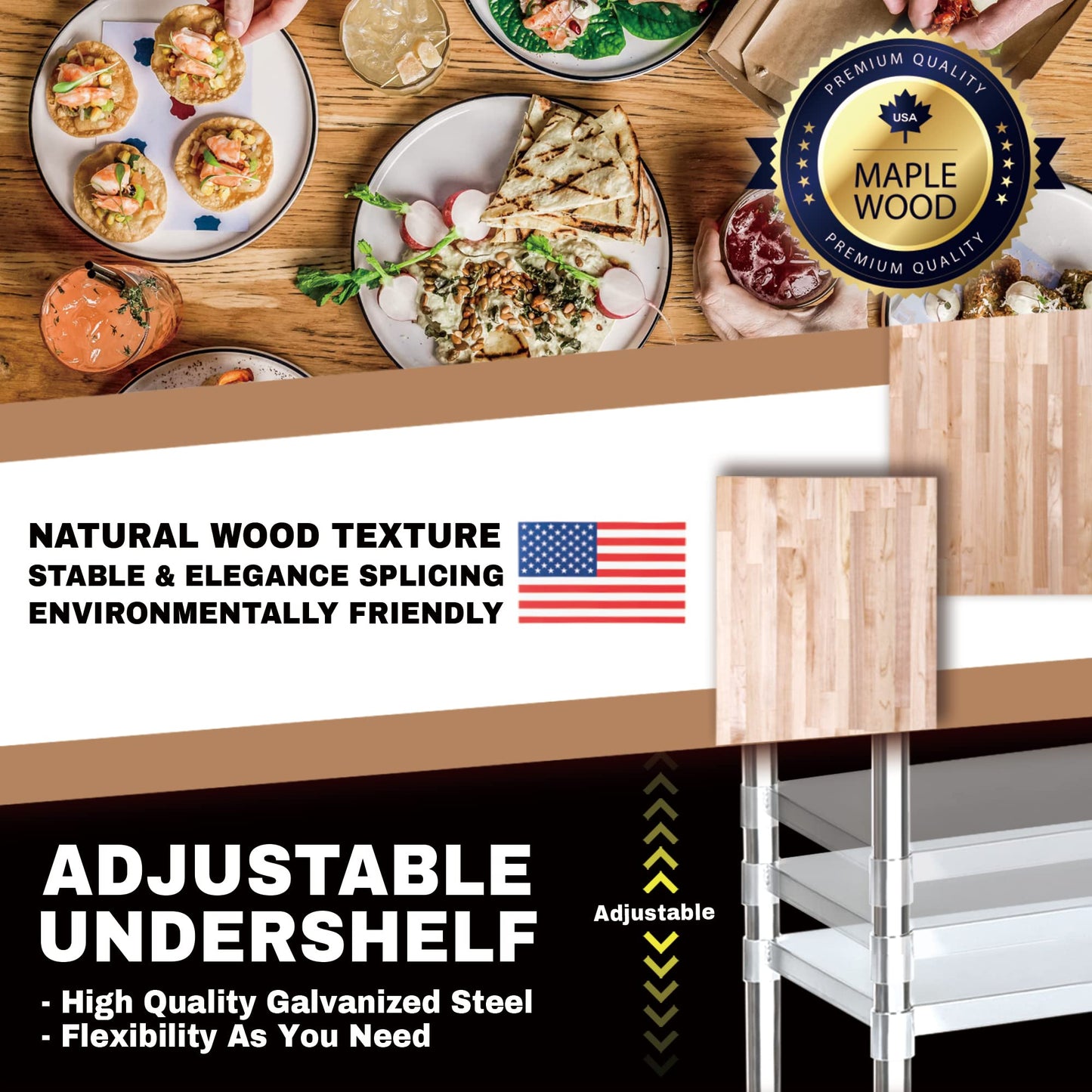 DuraSteel Butcher Block Counter Top - 24 x 12 x 34" Height with 4 Caster Wheels (Adjustable) - Kitchen, Side, Coffee, or Dining Table - Optional Base Leg Units, Natural Maple Slab Work Bench Top
