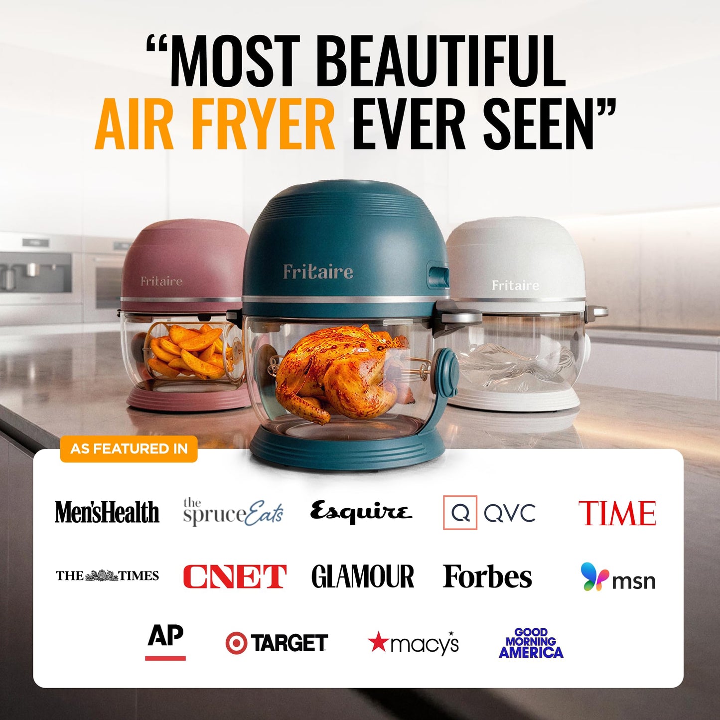 Non Toxic Air Fryer™ Pro | 9-in-1 Glass Air Fryer | Self-Cleaning | 5 Quart | Rotisserie and Tumbler | 400F Vortex For Even Cooking, BPA-Free Teflon Free, Recrisp, Roast, Bake, Orange