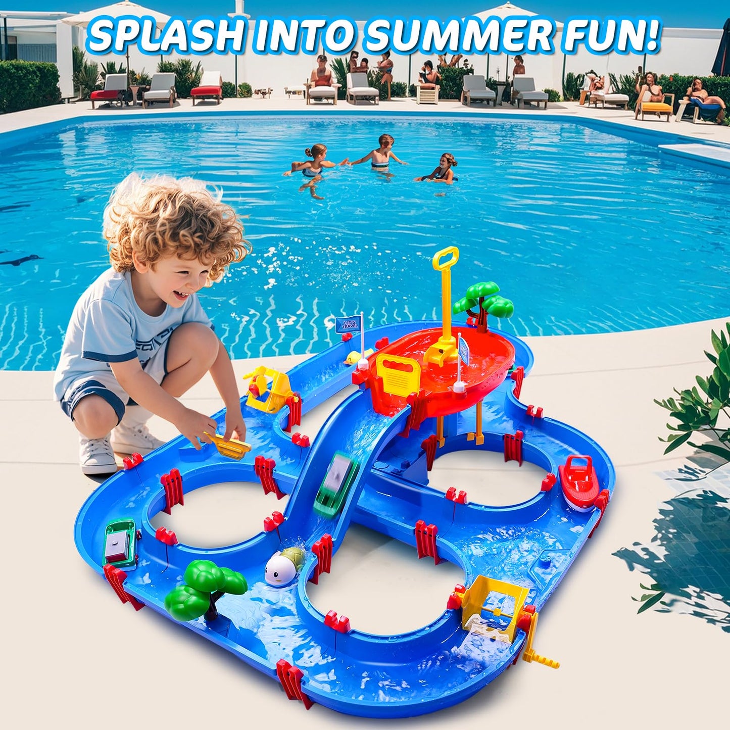 TERRAMUS Double-Tier Kids Water Table Toys, 100PCS Water Park Playset with Pump, DIY Toddler Waterways, Summer Outdoor Toys for Backyard,Lawn,Beach,Pool, Outside Activity Funs for Boys Girls 4-8 3-5