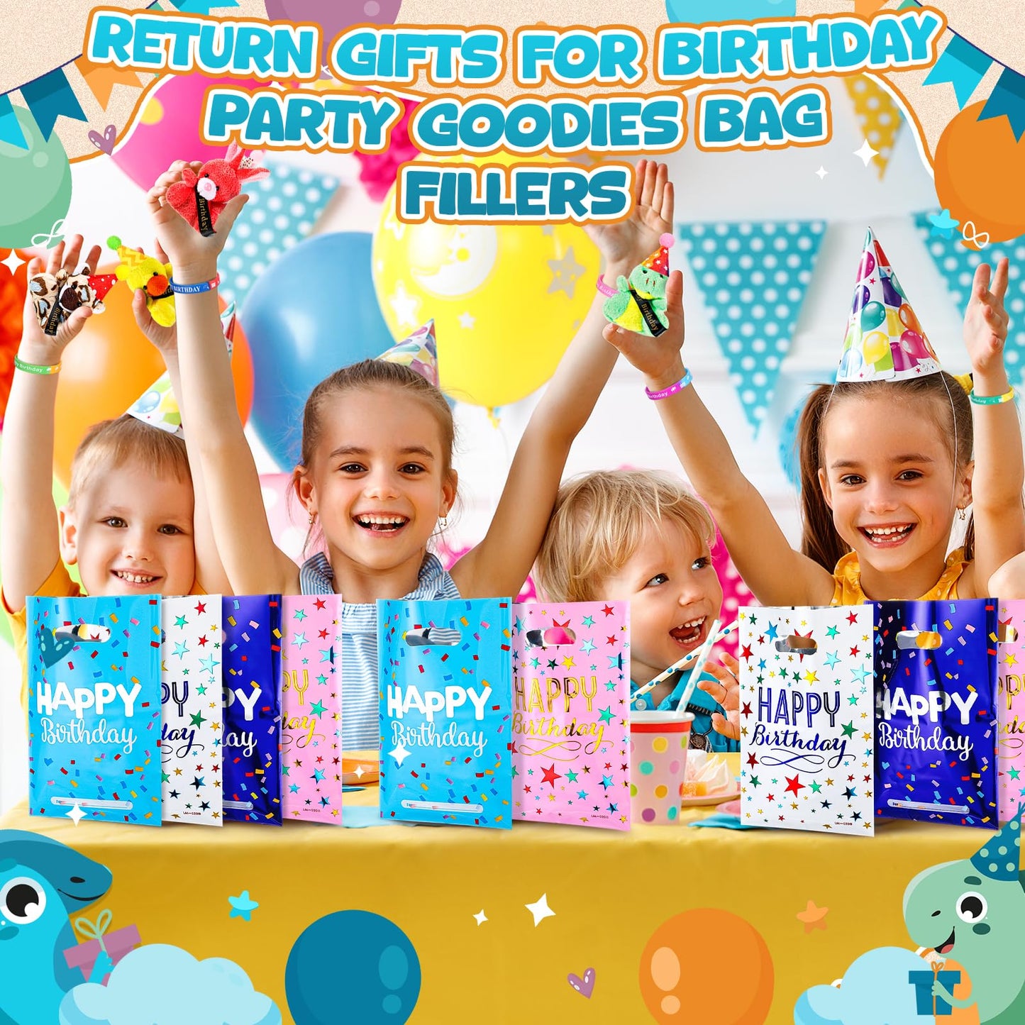 Seenelling 48 Pcs Happy Birthday Party Gift for Students, Return Gifts for Birthday Stuffed Animal Silicone Wristbands Badge Stickers for Party Goodie Bags Teachers Classroom Reward