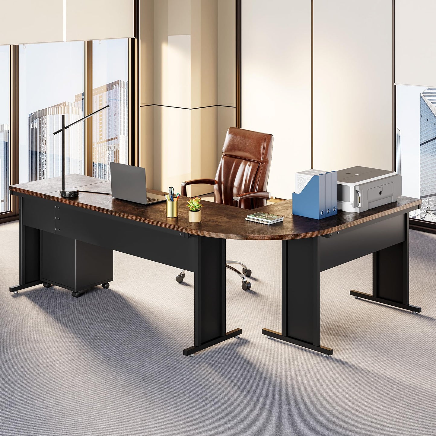 LITTLE TREE 83 Inch L-Shaped Office Desk with Drawers, Large Executive Office Desk with Storage, Wooden Computer Desk with File Cabinet, Modern Work Desk for Home Office, Brown