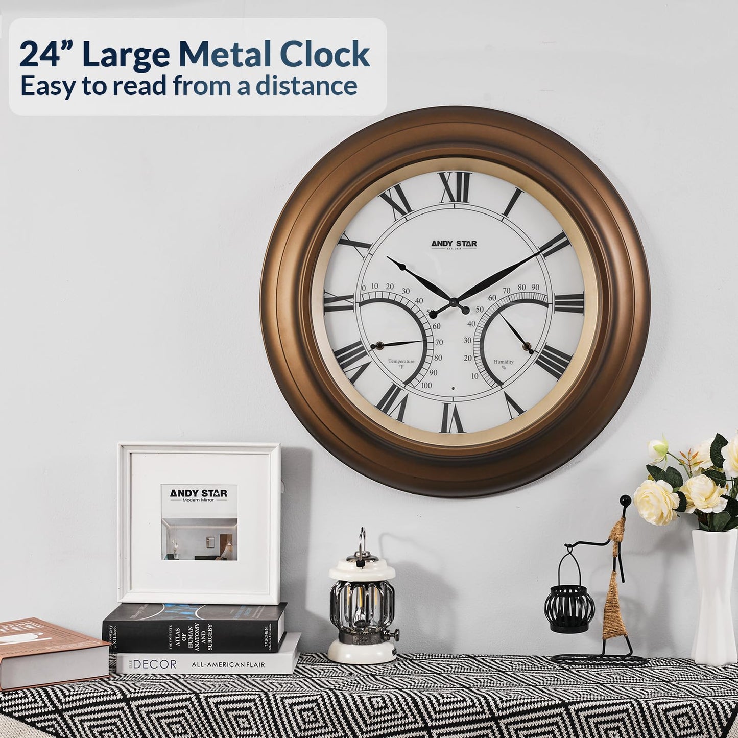 ANDY STAR 24 Inch Outdoor Clocks Waterproof,Large Outdoor Wall Clocks for Patio with Thermometer Combo, Silent Weatherproof Illuminated Metal Clock Battery Operated with Thermometer&Hygrometer, Bronze
