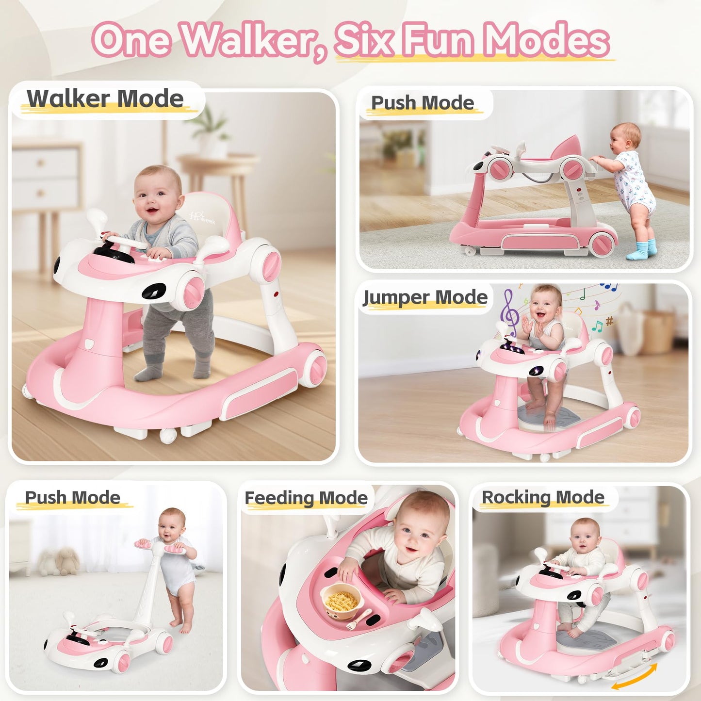 HAWEEK Baby Walker with Wheels, 7-in-1 Foldable Baby Walkers for Boys Girls 6-12 Months with Feeding Tray & Music, Lights,Rocker,Sun Canopy, Bouncing Pedal, Adjustable Wheel Speed, Push Walker (Pink)