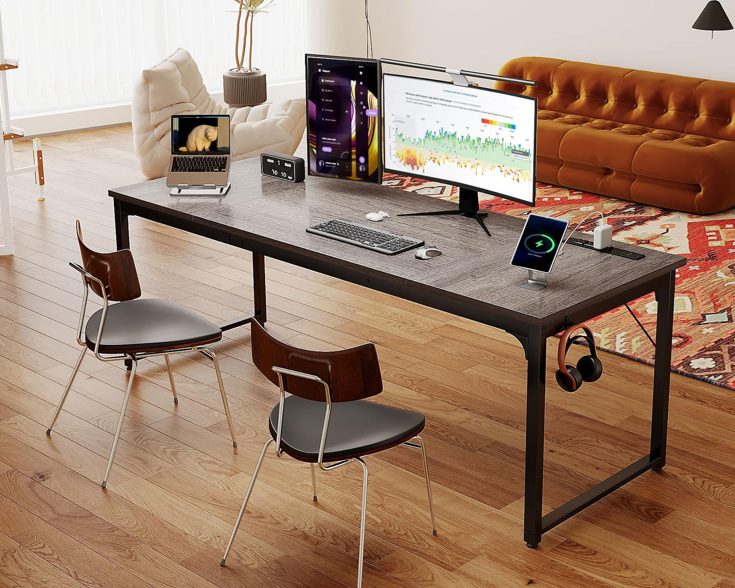 Coleshome 71 x 24 Inch Computer Desk with USB Ports, Large Office Desk, Long Study Student Writing Desk, Grey Oak