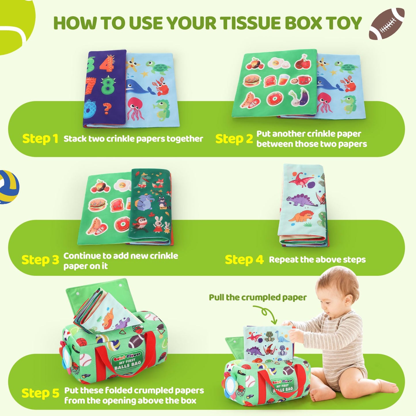 My First Sports Bag 6-12 Months Baby Tissue Box Toy, 17pcs Montessori Sensory Set: Plush Ball, Crinkle Paper, Scarves & Mirror, Squeaky Fine Motor 1 Year Old Infant Toddler Gifts Easter Basket Stuffer