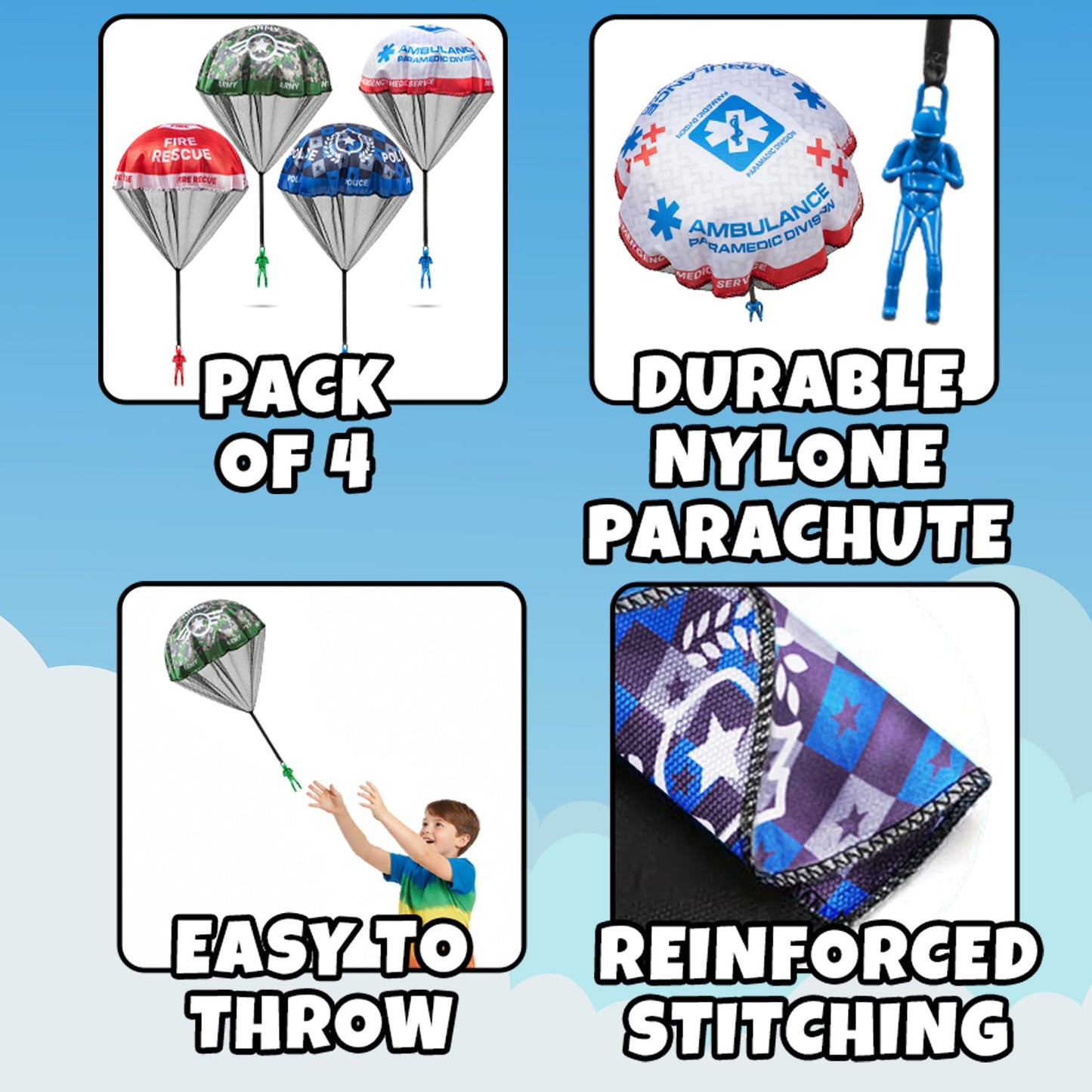 KiddieLoot Parachute Toys for Kids - (Pack of 4) Police, Army, Firefighter & EMT Figures w/Tangle-Free Parachutes - Outdoor Flying Toys for Kids, Party Favors, Birthday Gifts for Boys & Girls Ages 3+
