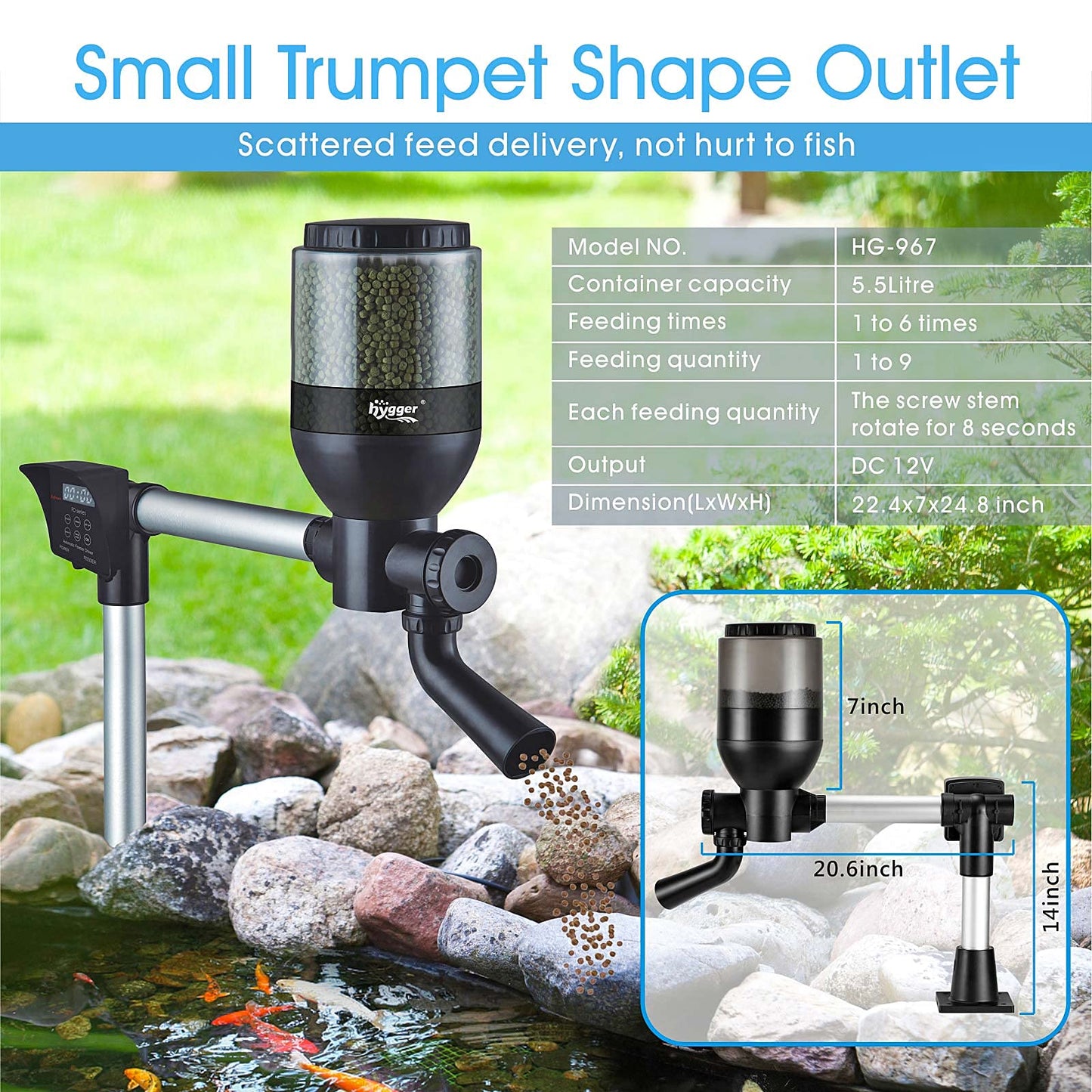 hygger LCD Control Automatic Pond Fish Feeder, Capacity 5.5L，DC 12V