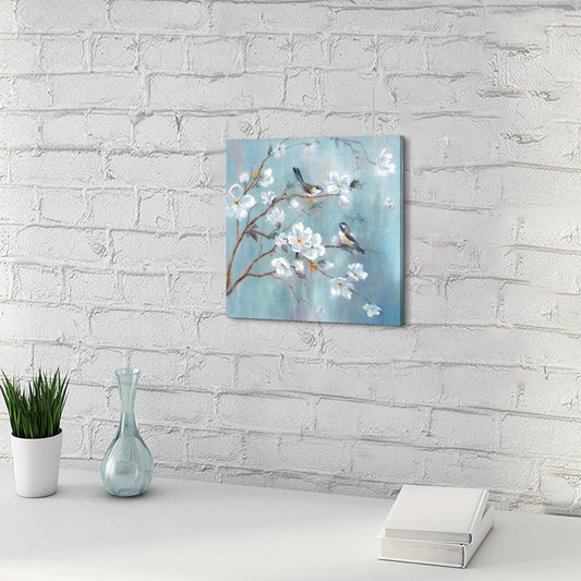 White Floral Canvas Artwork Wall: Elegant Flower Tree and Birds Wall Art Painting for Living Room (12'' x 12'' x 1 Panel)