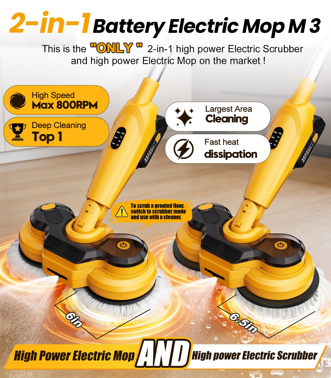 qimedo 6000mAh Battery Cordless Electric Mop M3 Pro, 800RPM Electric Power Scrubber & Mops for Floor Cleaning, Automatic Spin Mops with Smart Display,Rotating Mop with LED Light & Water Spray