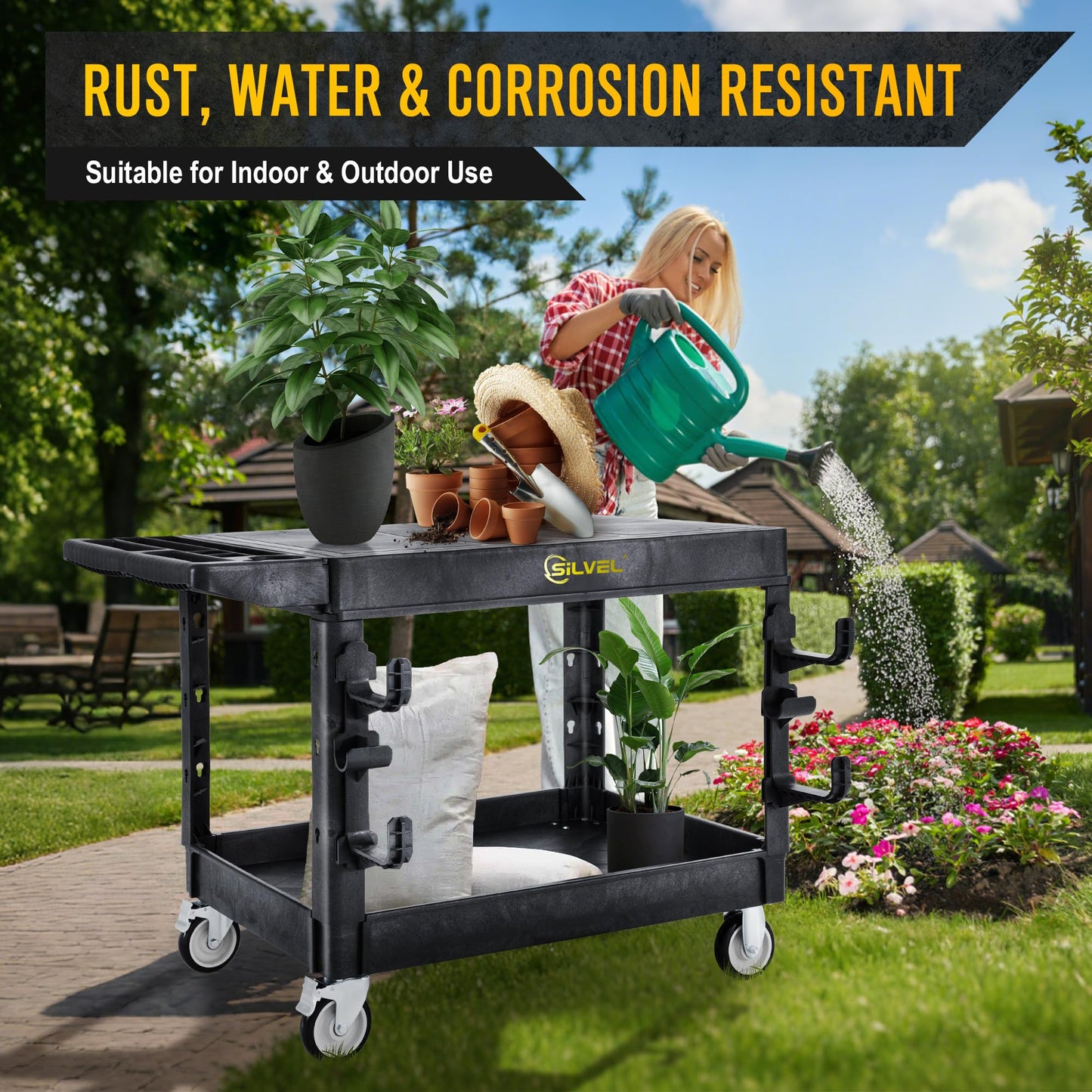 SILVEL Flat Top Utility Cart 45.6X25.2in Heavy Duty Flat with Full Swivel Wheels 600LBS Capacity 2 Shelf Service Cart Rolling Utility Carts with Wheels Ergonomic Handle for Warehouse,Garage,Cleaning