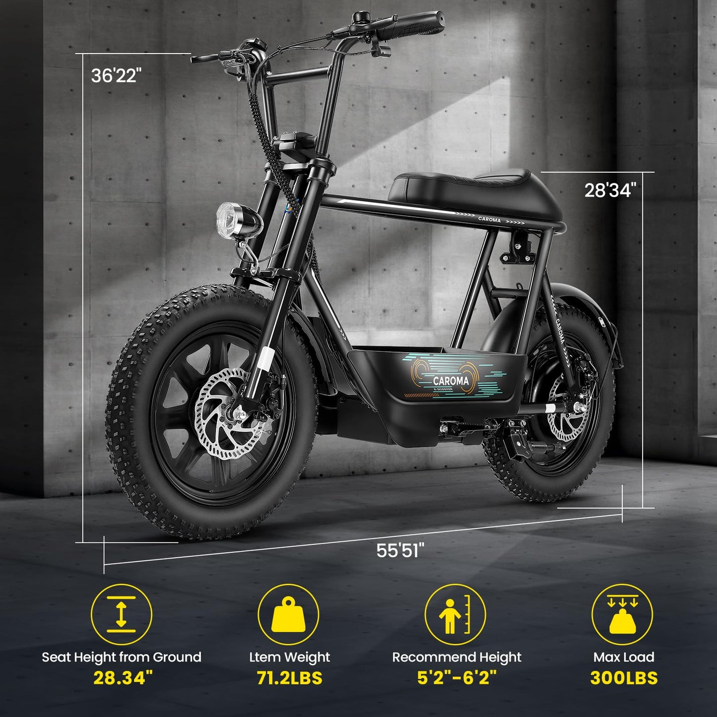 Caroma Peak 1200W Electric Scooters with Seat, 16" Fat Tire for All-Terrain, 30Miles Max Range, 20mph Top Speed, Commuter Escooter for Adults&Teens, Electric Motorcycle with Carry Basket，Black