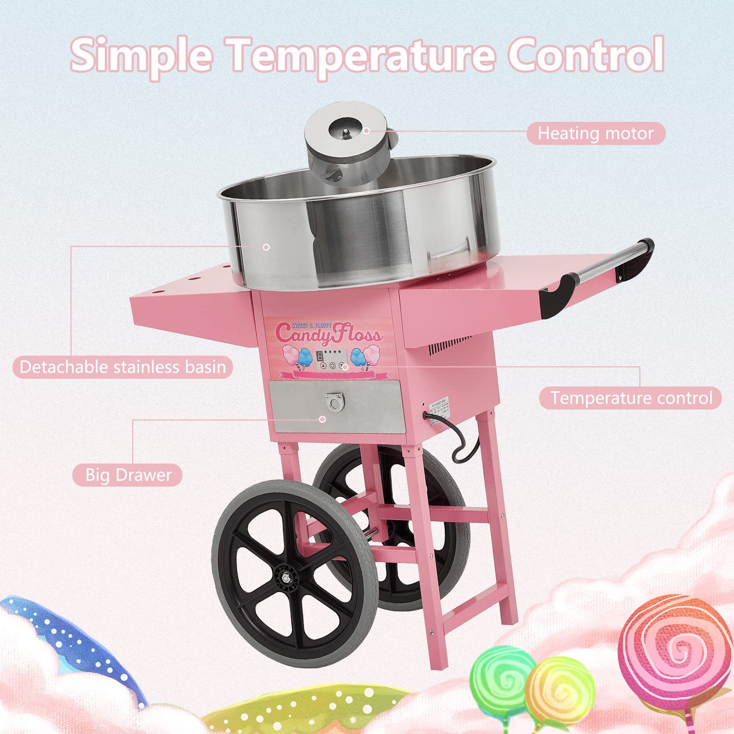 Garvee Extra Large Cotton Candy Cart - Commercial Cotton Candy Machine,Electric Cotton Candy Floss Maker with Drawer, 20 in Stainless Steel Bowl Perfect for Commercial Use Home Party Carnival