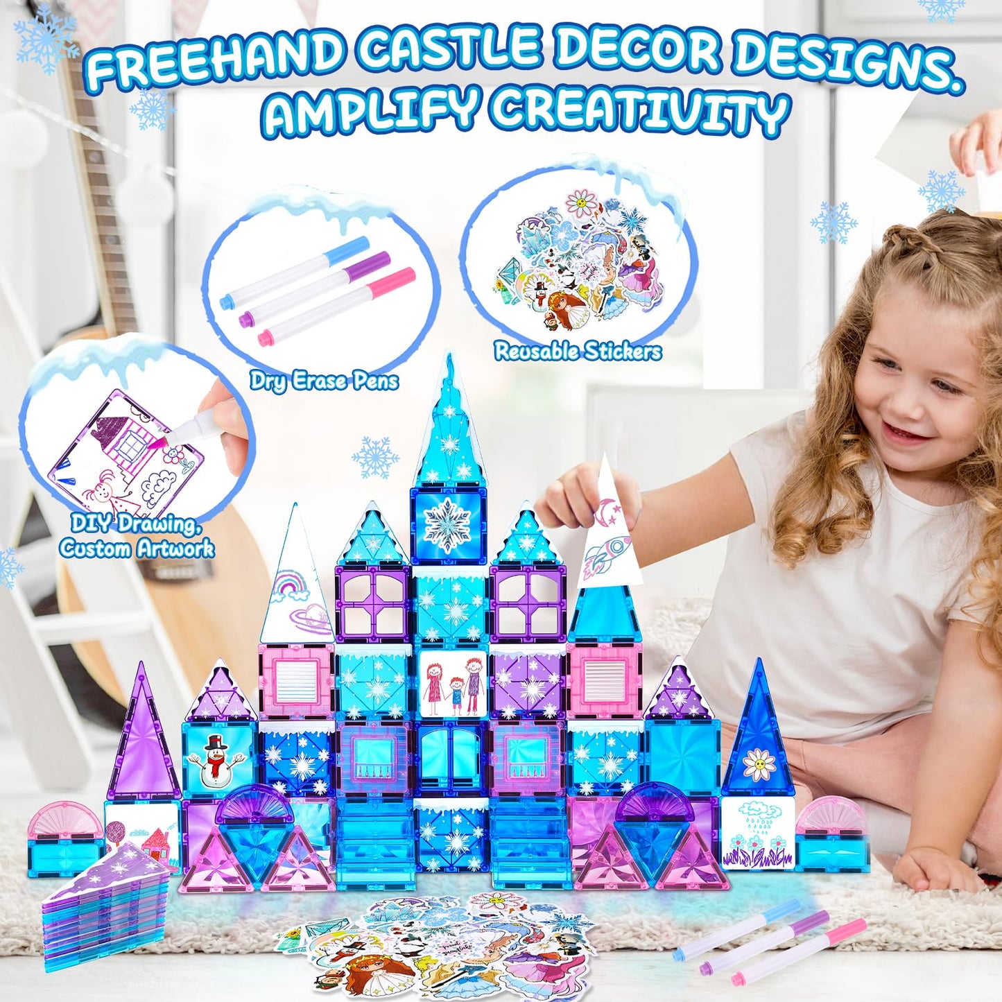 Diamond Magnetic Tiles Set 145PCS with Magnetic Doodle Kit, 3D Blocks Magnet Toys for Girls 3 4-7,8-12, Stem Toys Princess Castle Include 2 Stairs 2 Dolls Decals Stickers,3 4 5 6 7 8+ Girls Xmas Gift