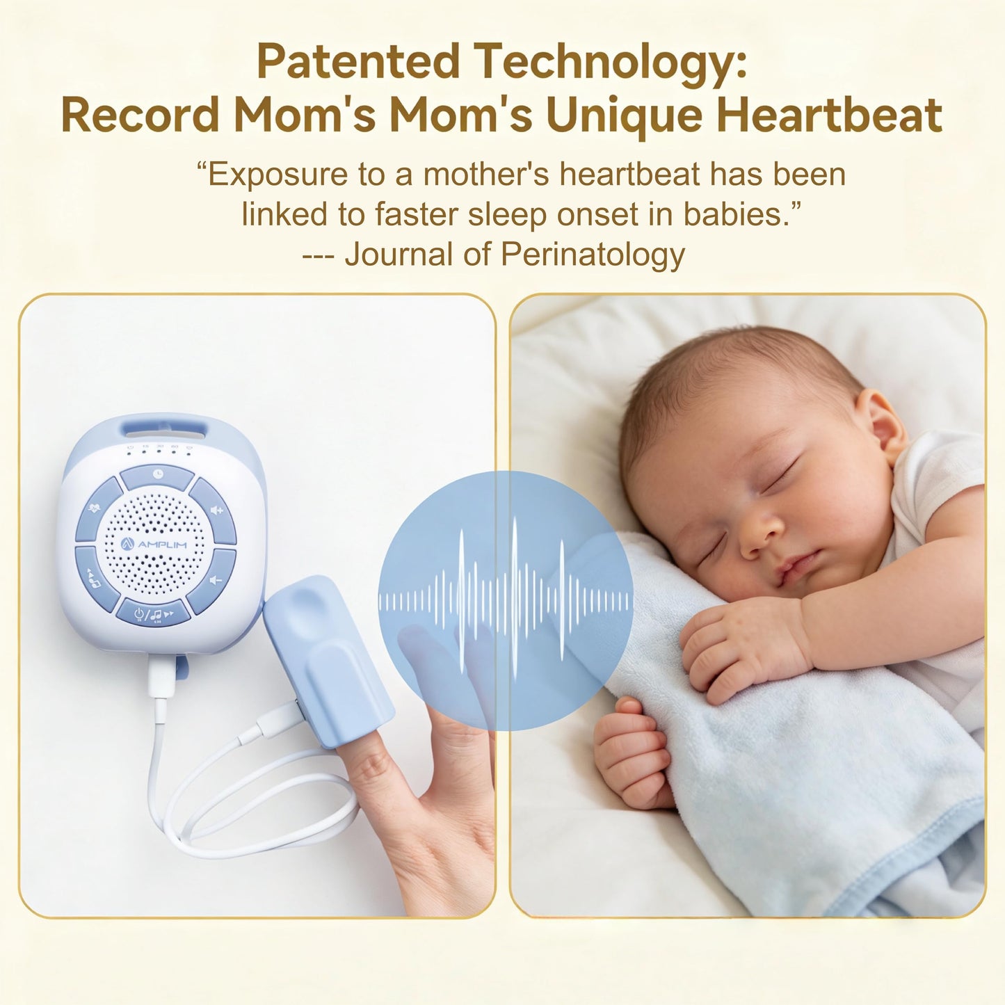 Amplim Mom’s Real Heartbeat Sound Device, Womb Sound Recorder White Noise for Newborn, Soothing Baby Sleep Machine, Rechargeable, Timer & Volume Control, Portable Infant Aid for Faster, Deeper Sleep