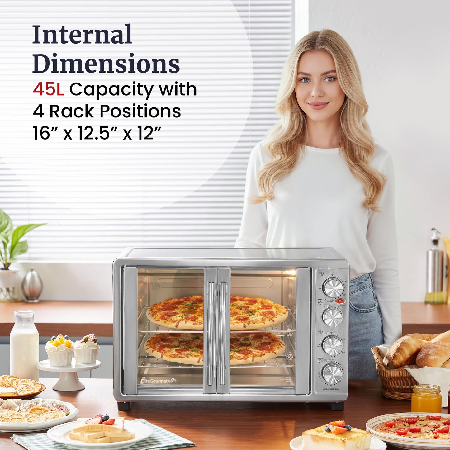 Elite Gourmet ETO-4510M French Door 47.5Qt, 18-Slice Convection Oven 4-Control Knobs, Bake Broil Toast Rotisserie Keep Warm, Includes 2 x 12" Pizza Racks, Stainless Steel