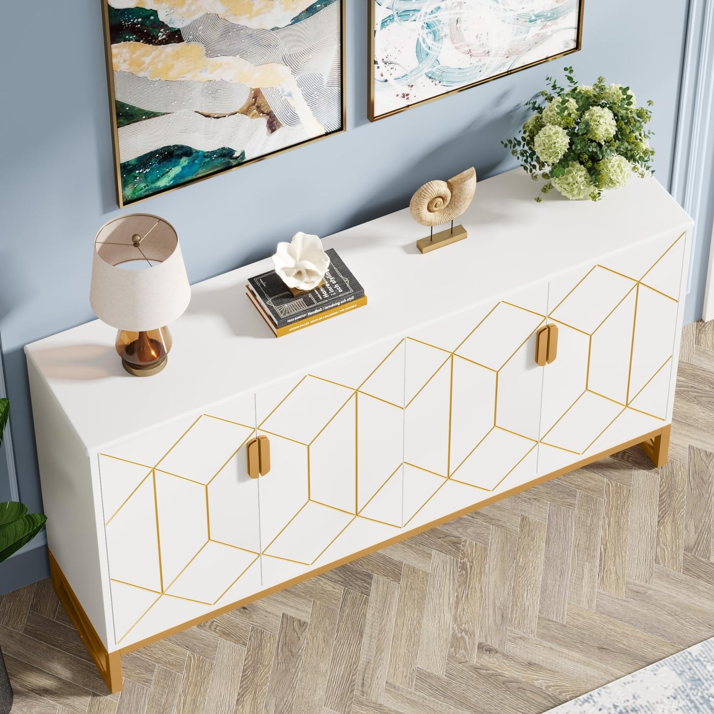 LITTLE TREE Storage Cabinet with Storage Shelves for Living Room, Modern Sideboard Buffets Cabinets Coffee Bar with Gold Metal Frame 4 Doors for Kitchen Dining Room Entryway Bedroom, White