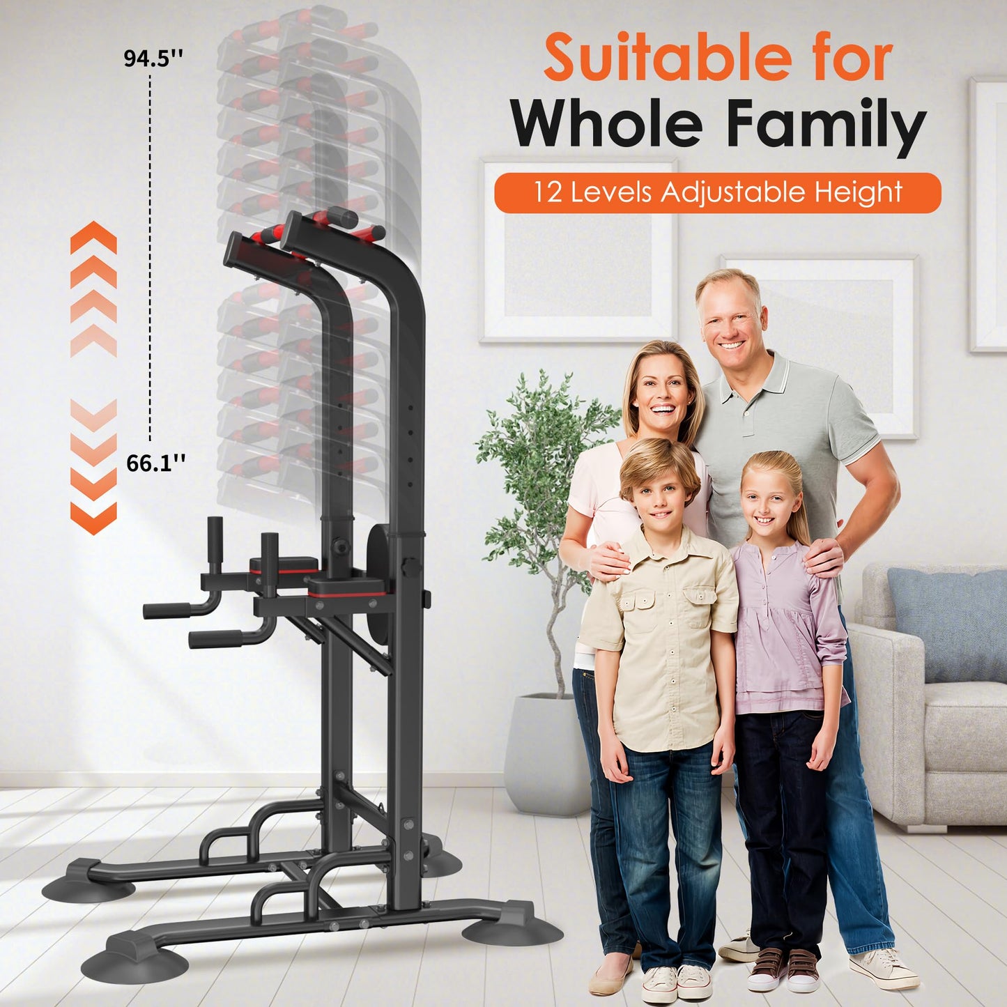 SogesPower Power Tower Pull Up Bar Station, 12-Level Adjustable Multi-Function Pull Up Dip Station for Home Gym, Pull Up Bar Stand Dip Bar Strength Training Fitness Equipment, Black