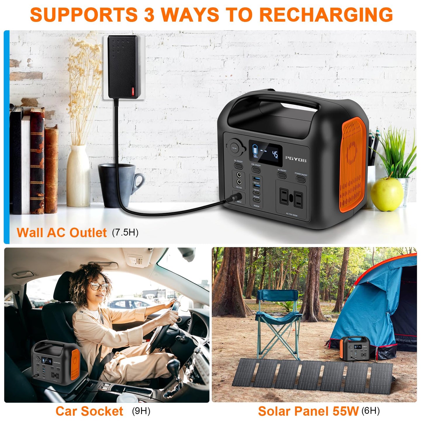 PGYOB Portable Power Station with 55W Solar Panel, 299Wh LiFePO4 Backup Battery 300W Pure Sine Wave AC (600W Peak) Car Outlets PD 60W QC3.0 Solar Generator Power Bank for Camping, Emergency, CPAP