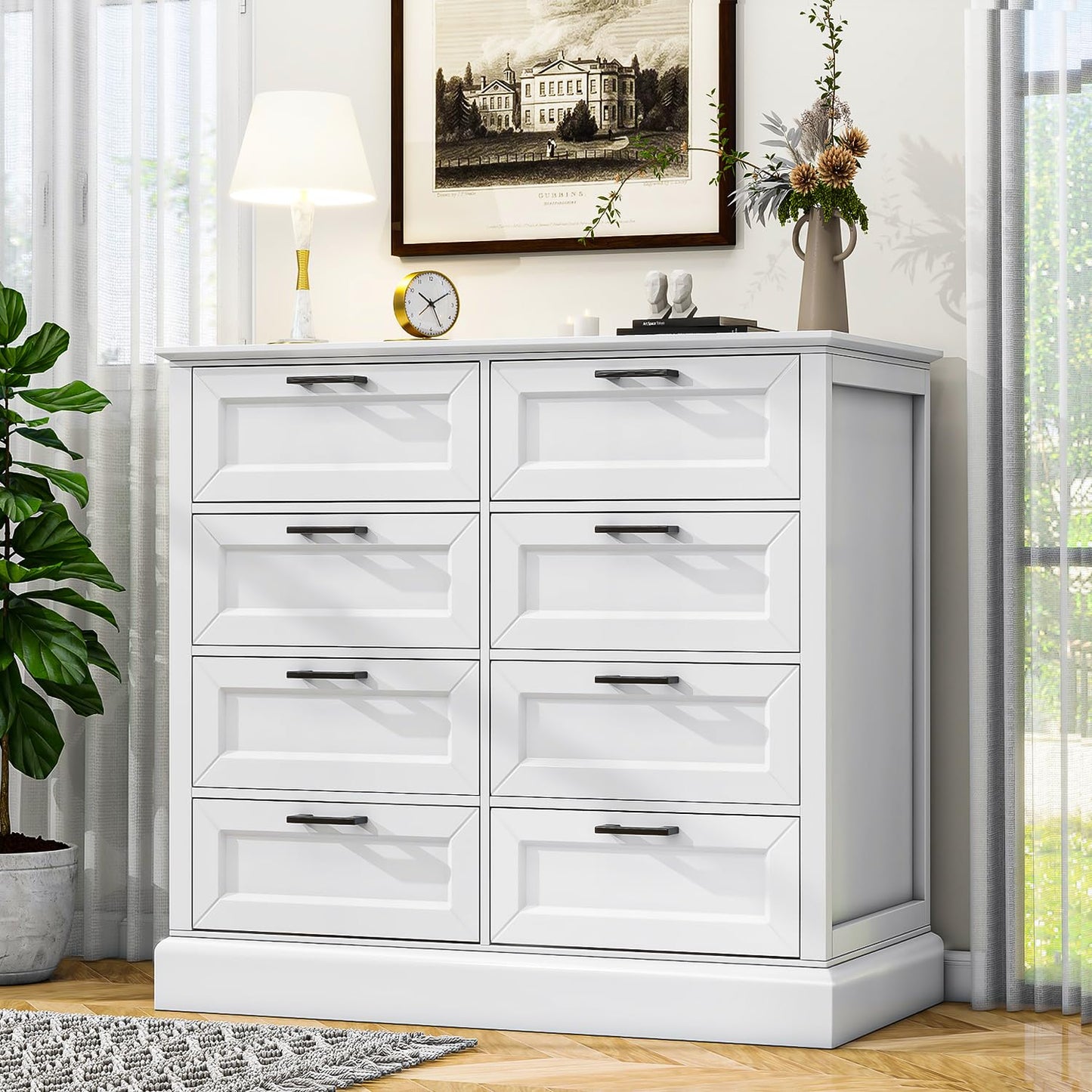 biukpci White Dresser for Bedroom, Chest of Drawers, Large Modern Farmhouse Storage for Closet, 8 Drawers Dresser Storage Drawers, 39.3” Tall Wood Clothing Storage with Black Handles