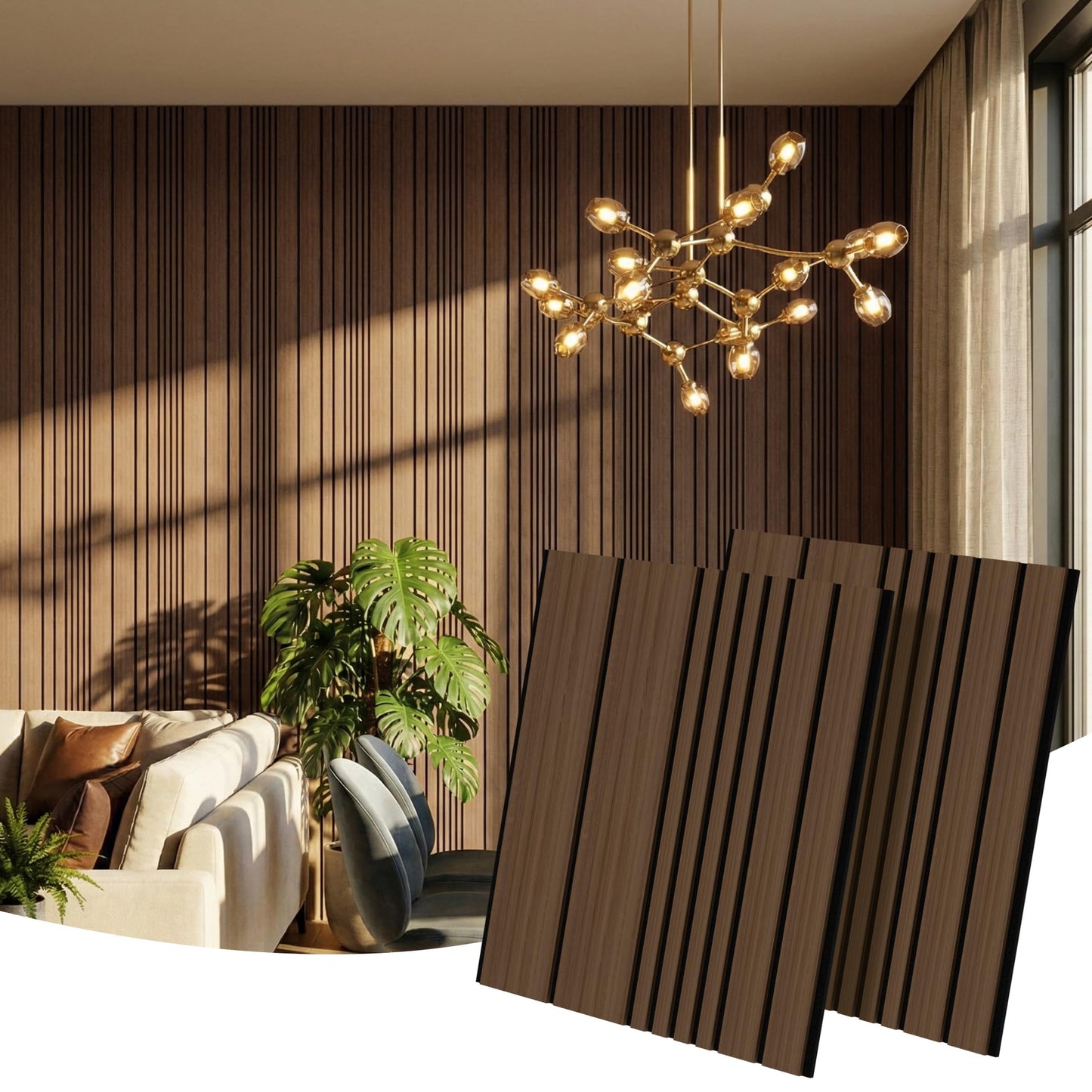 Wall Panels-4-Pack Wood 3D Wall Panels for Wall Decor,High Grille Soundproof Slat Acoustic Panels For Living Room,TV Background,Bedroom,Kitchen,Office,Cinema (23.6 X 23.6,Dark Walnut)