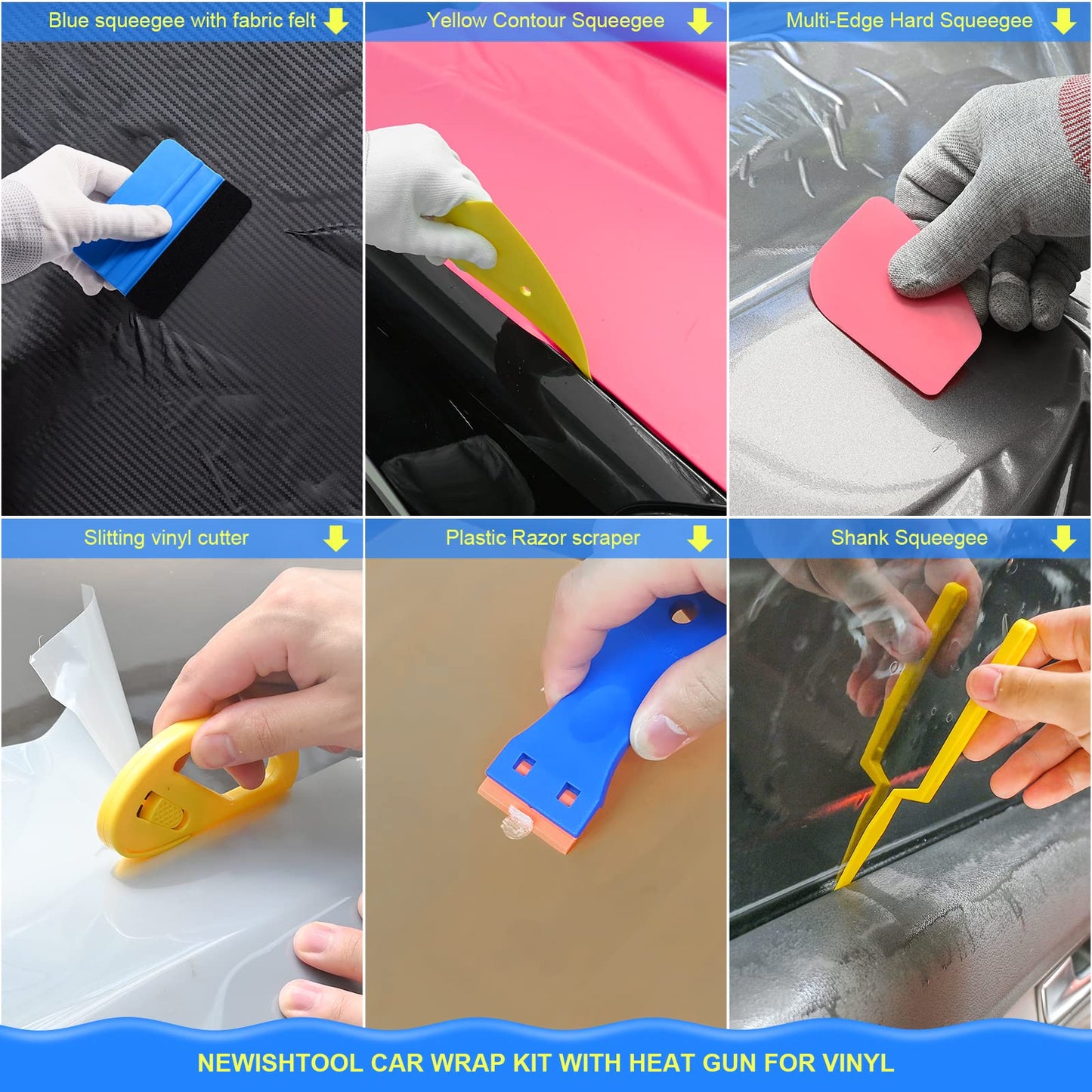 NEWISHTOOL Vinyl Wrap Tool Kit with Heat Gun, Car Wrap Kit, Felt Squeegee, Tucking Squeegee, Gloves, Magnets Holder, Window Tint Tools for Car Film Installation